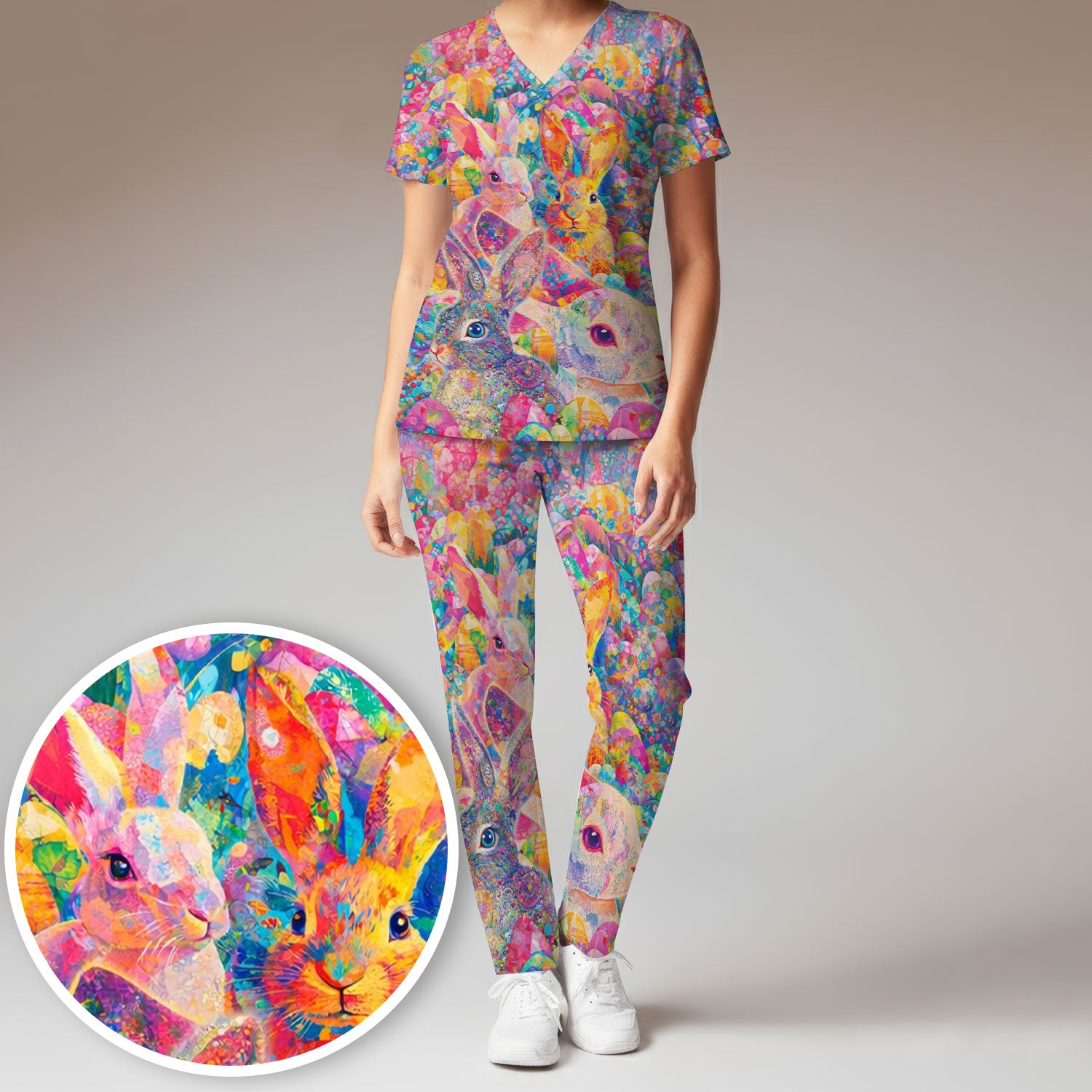 Colorful Artistic Bunny Print Women's Scrub Set, Breathable Med Uniform