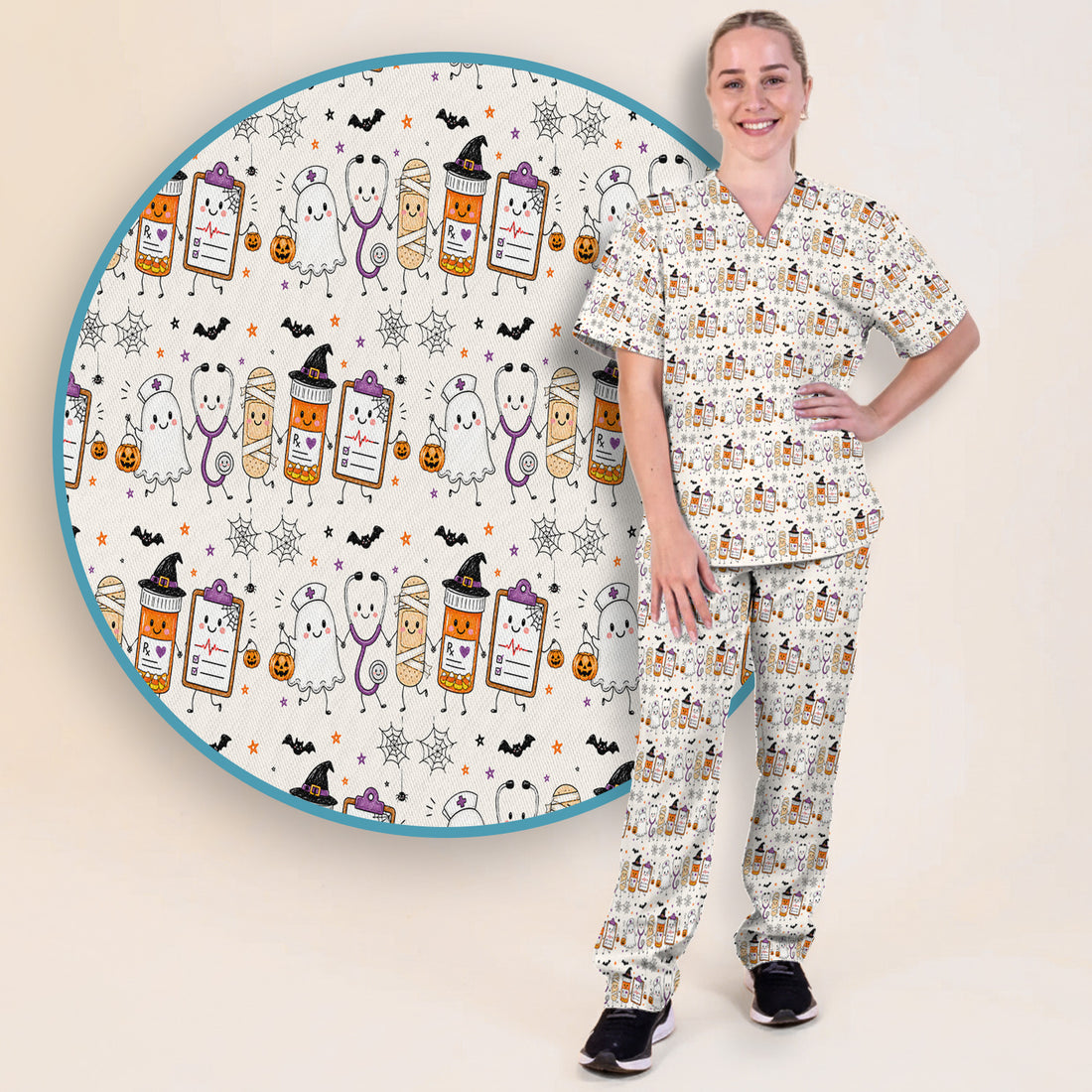 Halloween Medical Characters Print Scrub Set, Scrub Pants and V Neck Top