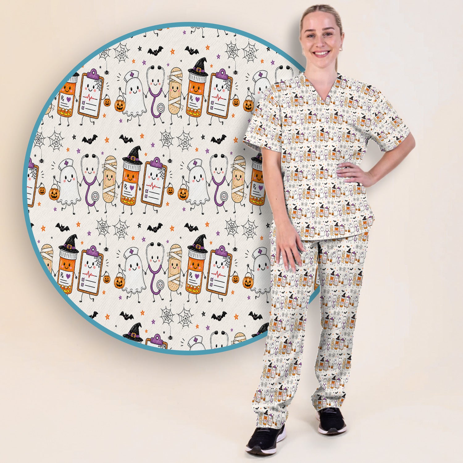 Halloween Medical Characters Print Scrub Set, Scrub Pants and V Neck Top