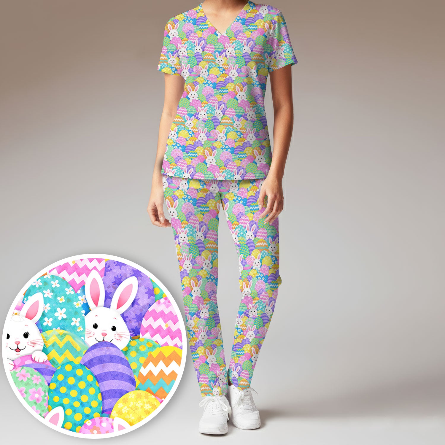 Easter Bunny Colorful Egg Pattern Print Scrub Set, Scrub Pants and V Neck Top