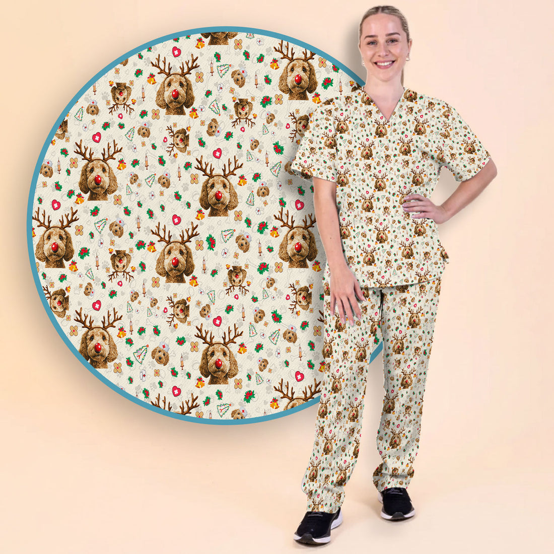 Christmas Labradoodle Scrub Set - Funny Reindeer Dog Nurse Pants and V Neck Top - Cute Holiday Medical Uniform