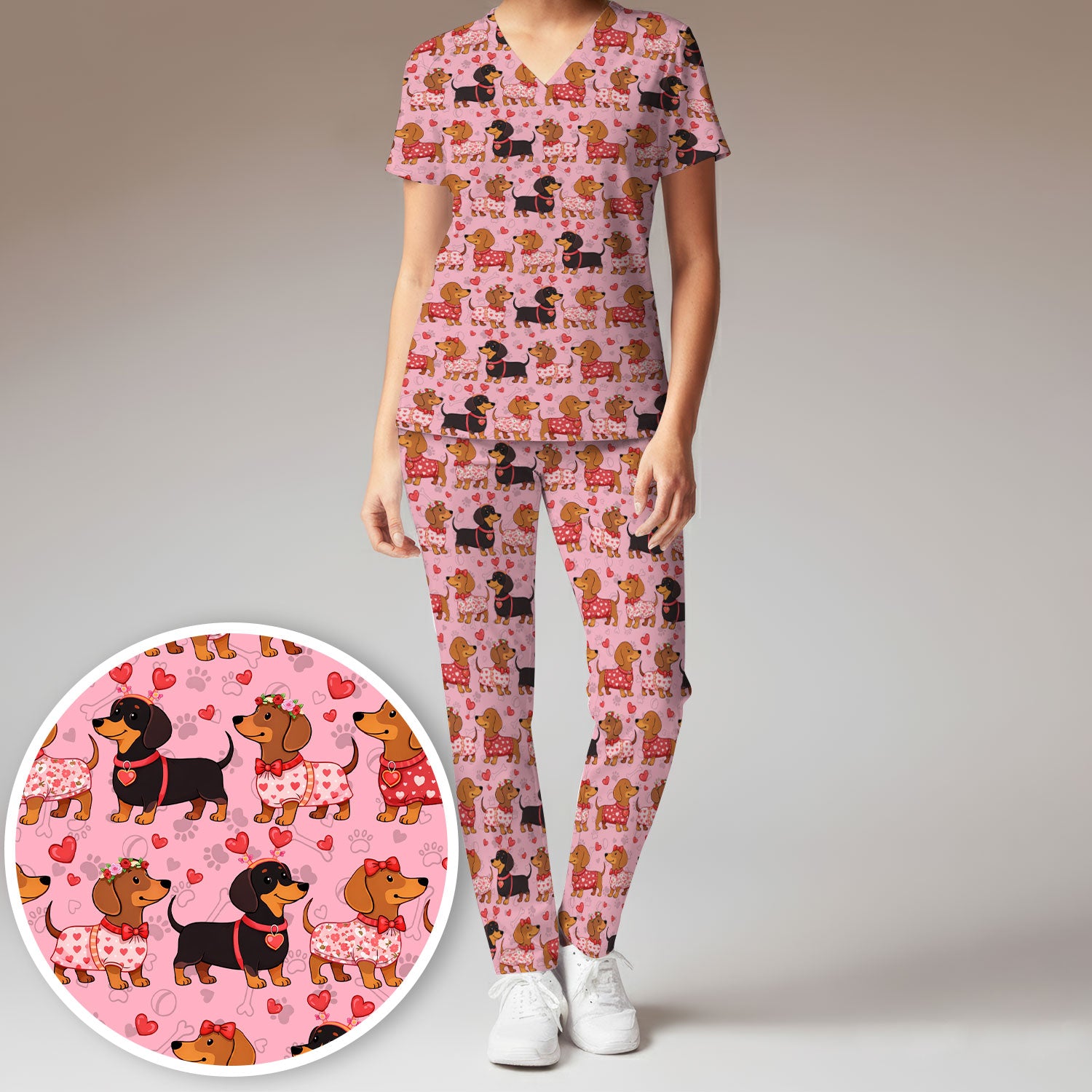 Valentine Dachshund Scrub Top, Wiener Dog Love Pattern Nurse Shirt, Breathable Fabrics Nursing Uniform