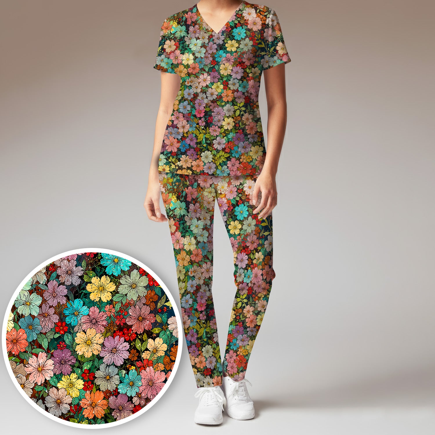 Colorful Wildflower Garden Bloom Pattern Scrub Set, Scrub Pants and V Neck Top