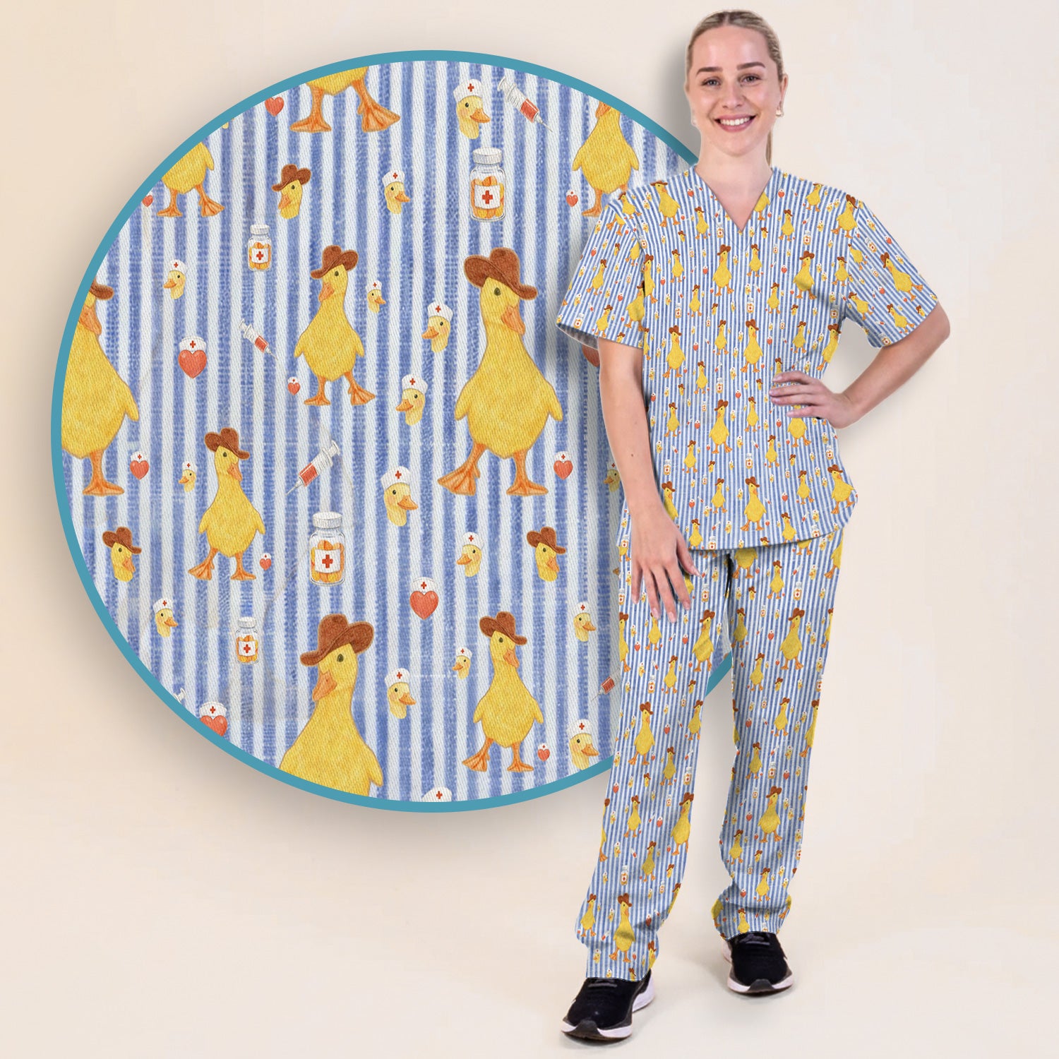Cowboy Ducktor Vertical Stripe Pattern Scrub Set, Breathable Med Uniform