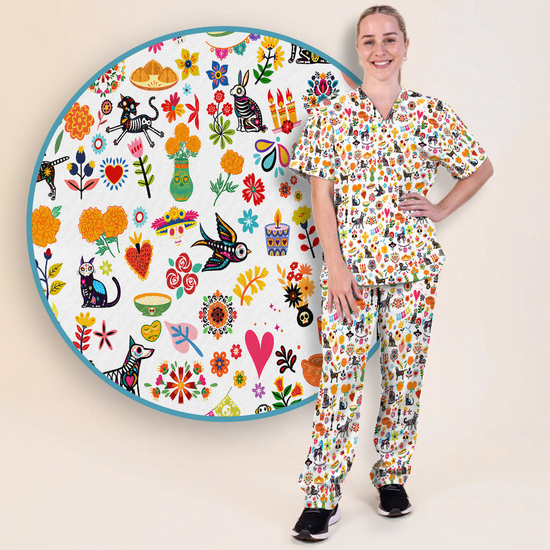 Day Of The Dead Sugar Skull Print Scrub Set, Scrub Pants and V Neck Top