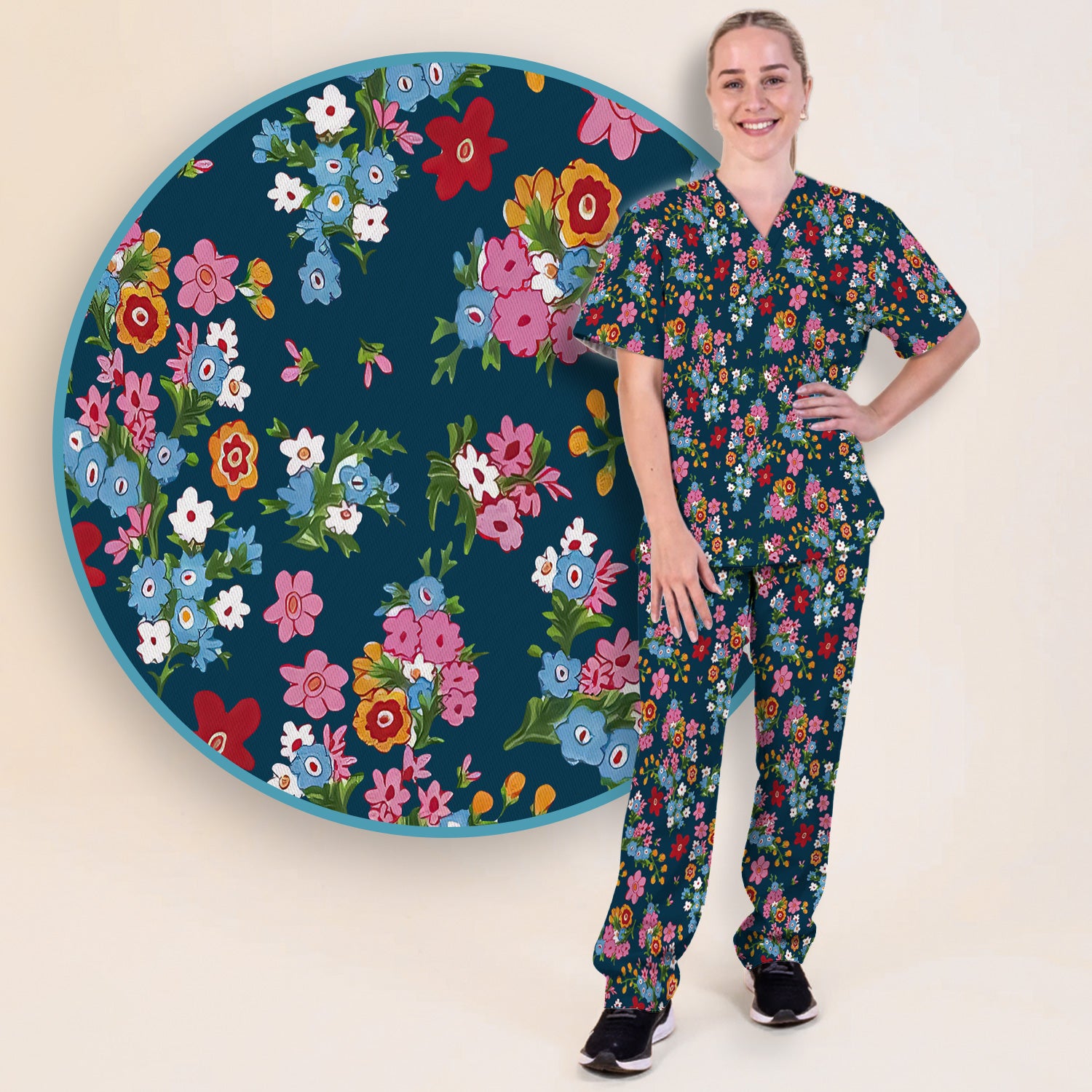 Charming Vintage Floral Bouquet Pattern Scrub Set, Nurse Uniform Scrubs Set