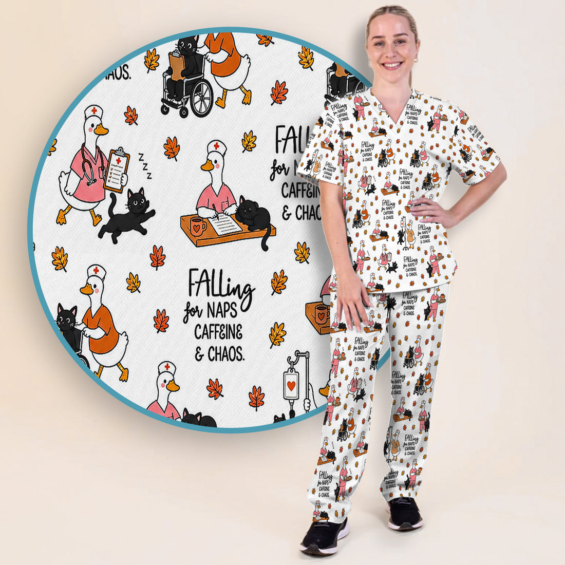 Funny Fall Nurse Goose And Black Cat Scrub Set, Scrub Pants and V Neck Top