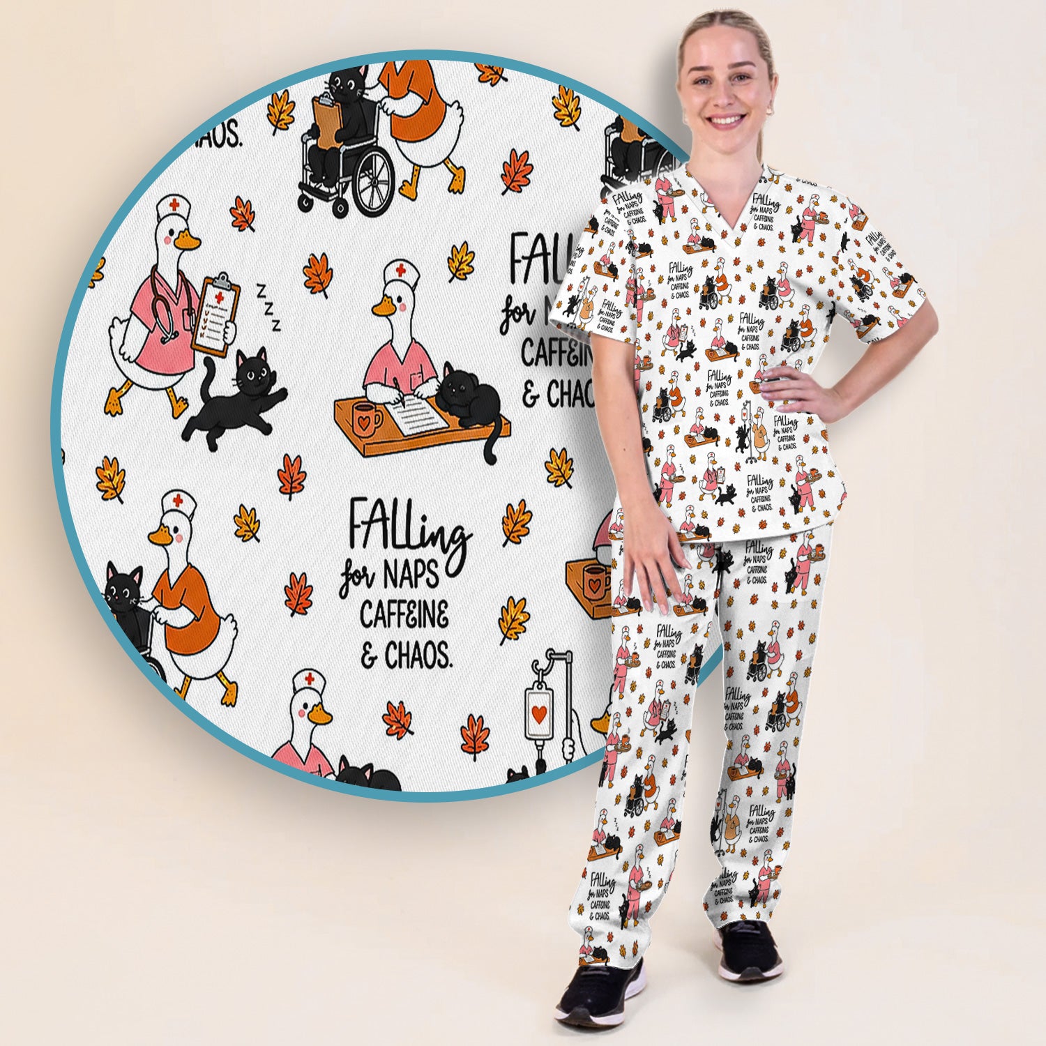 Funny Fall Nurse Goose And Black Cat Scrub Set, Scrub Pants and V Neck Top