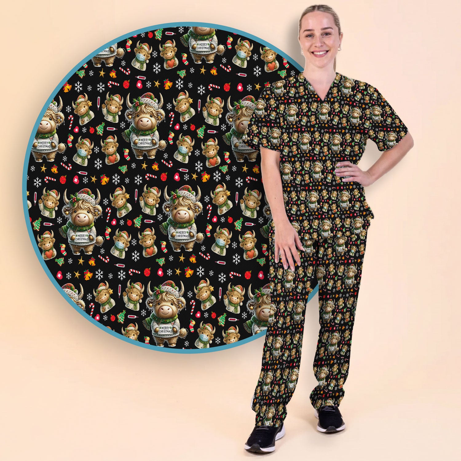 Highland Cow Christmas Scrub Set, Festive Cow Print Nurse Outfit, Holiday Medical Uniform For Women, Cute Veterinary Scrubs Gift