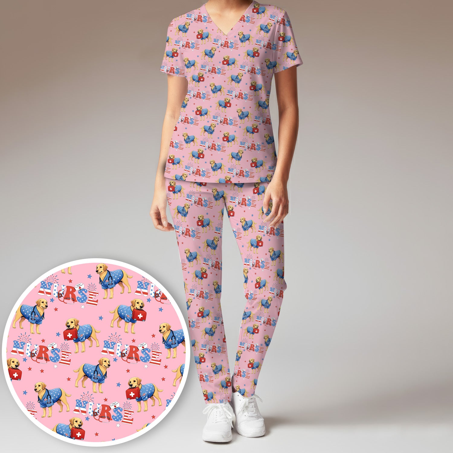 Patriotic Nurse Dog Medical Pattern Pattern Scrub Set, Women's Scrub Sets