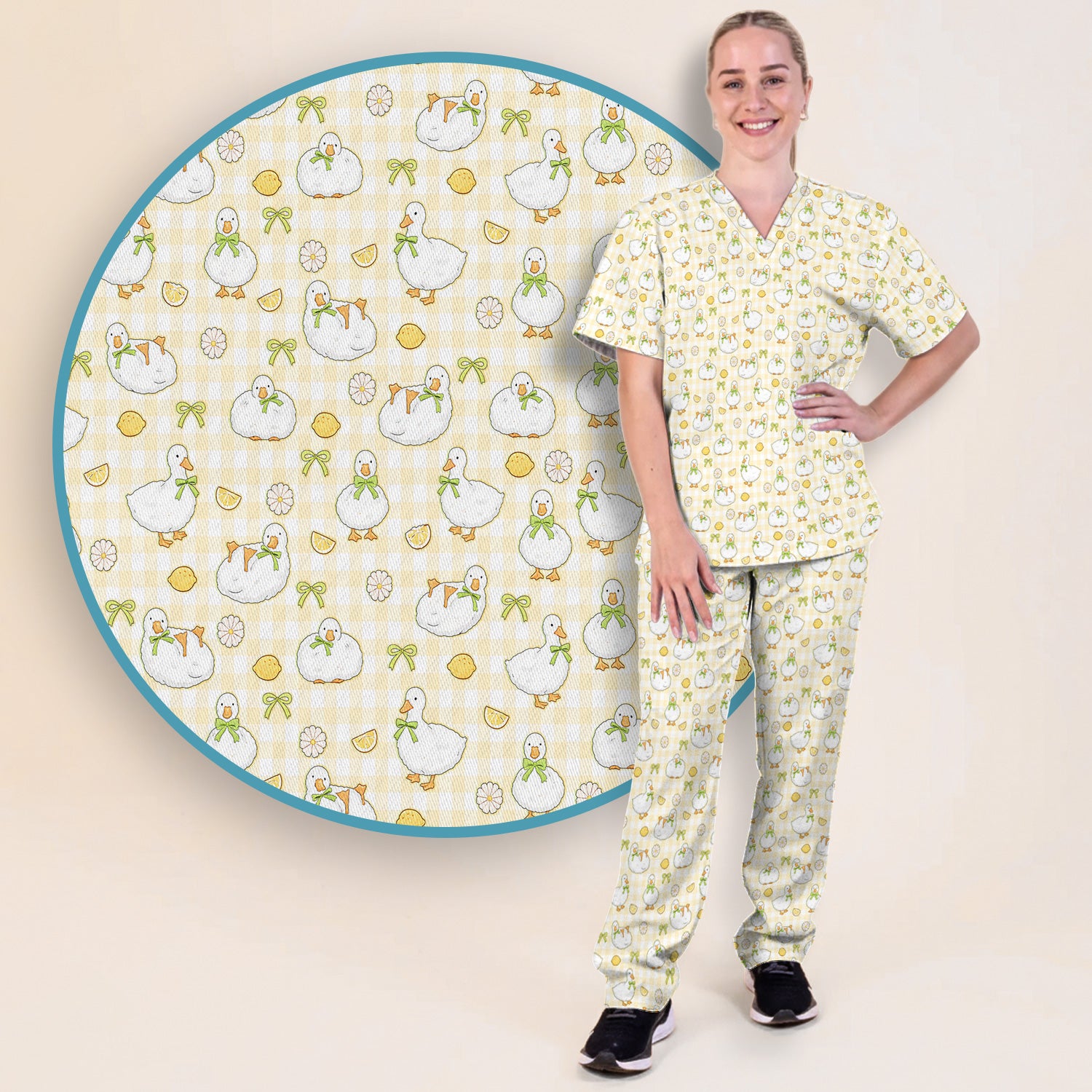 Adorable Ducks Lemon Daisy Pattern Scrubs Sets, Scrub Pants and V Neck Top