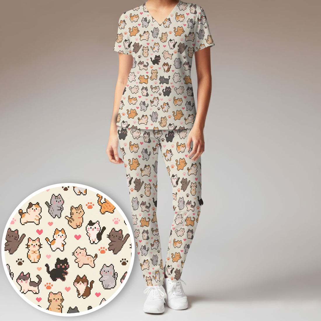 Cute Pixel Cat Heart Paw Pattern Scrub Set, Women's Scrub Sets