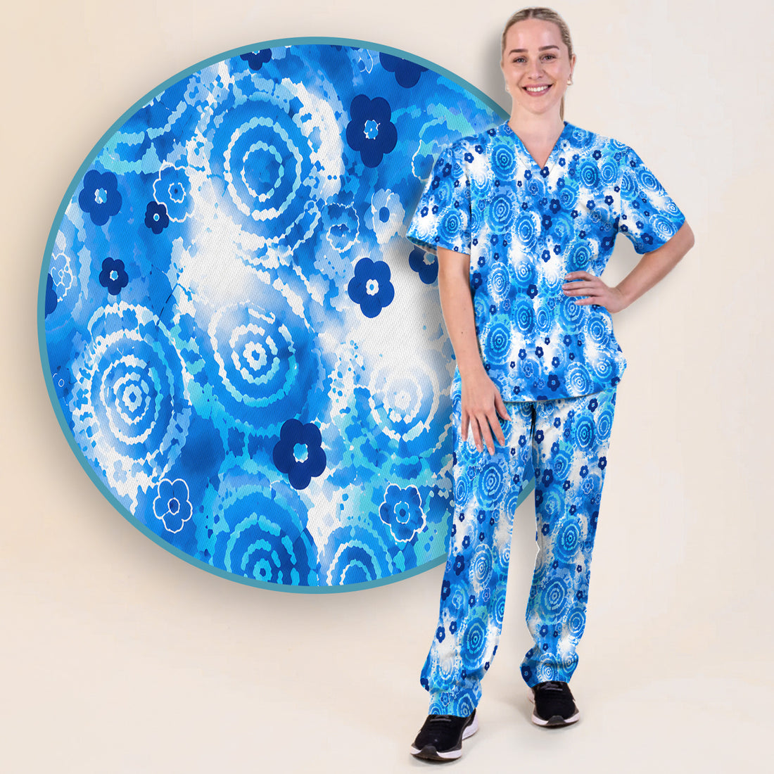 Blue Floral Spiral Nurse Pattern Scrub Top, Breathable Fabrics Nursing Uniform Scrub Set, Scrub Pants and V Neck Top
