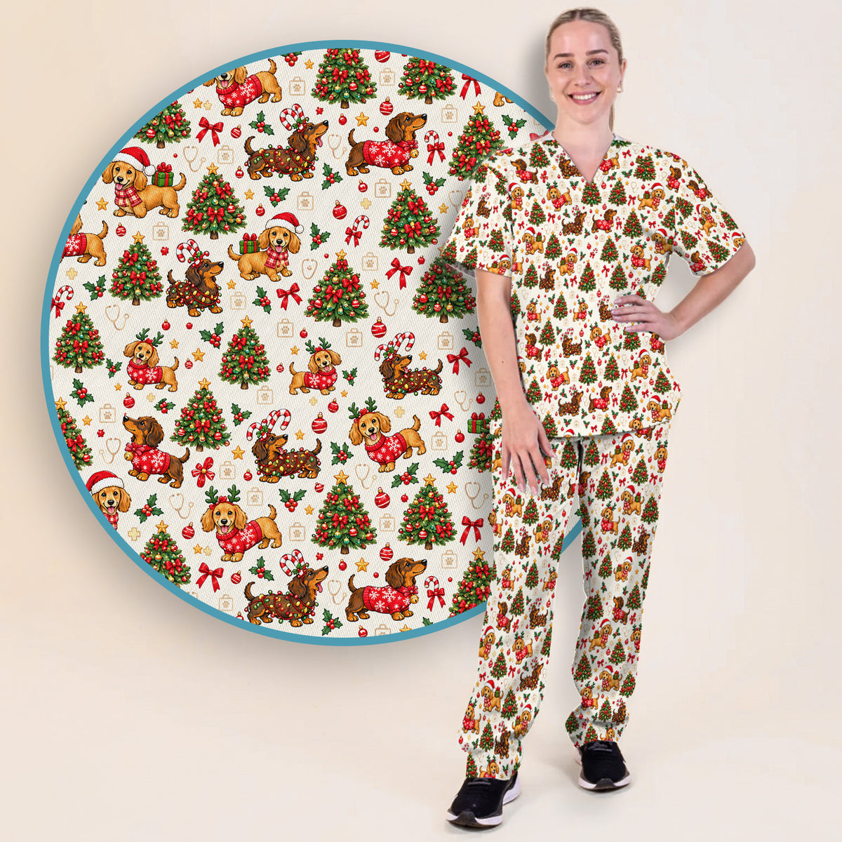 Buntes Kasack-Set mit Neon-Katzenköpfen, Schlupfhose und V-Ausschnitt-Oberteil