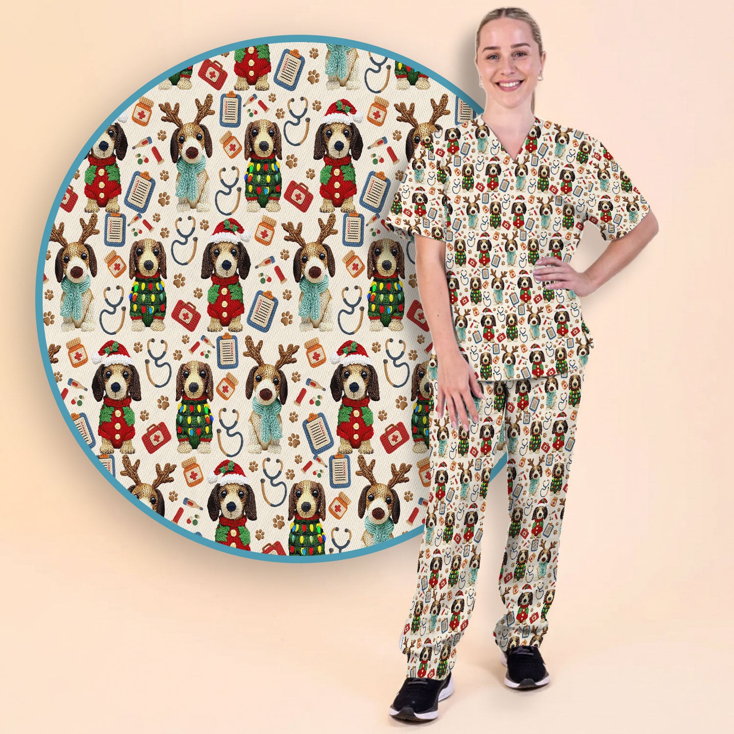 Christmas Wiener Dog Scrubs Set for Women - Cute Dachshund Christmas Scrub Pants and V Neck Top - Puppy Lover Medical Uniform Gift