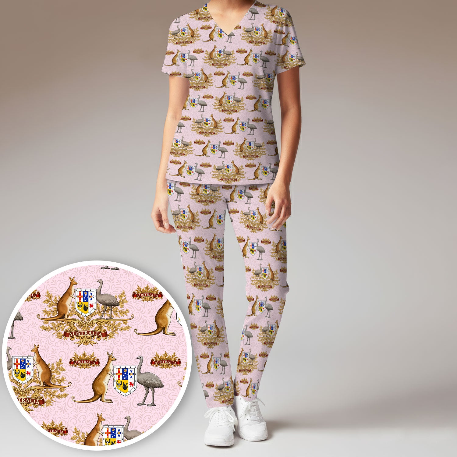 Australian National Crest Kangaroo Emu Scrub Set, Women's Scrub Sets