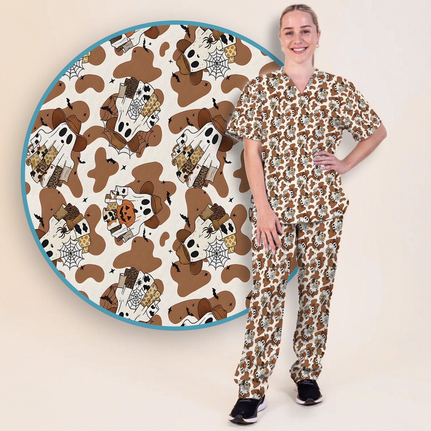 Halloween Cow Ghost Print Scrub Set, Scrub Pants and V Neck Top