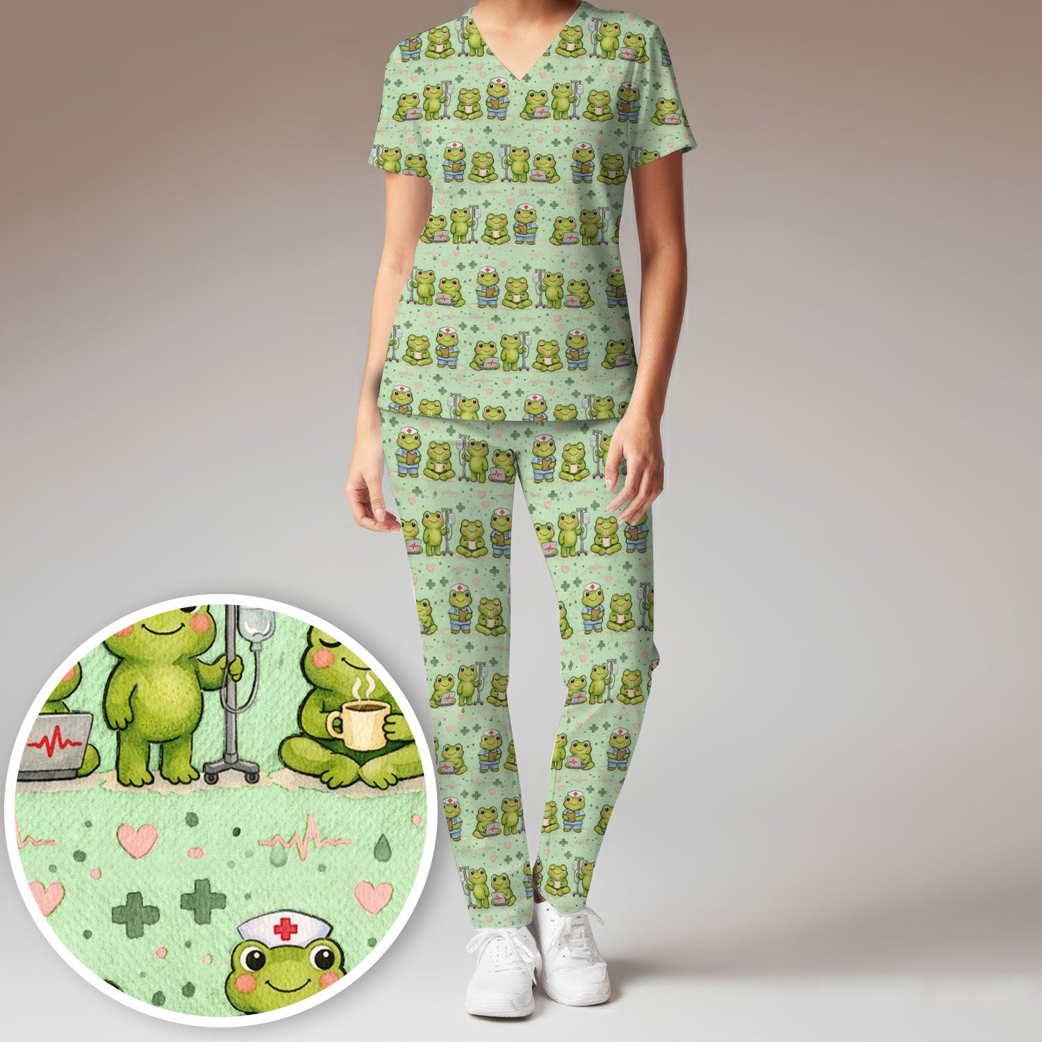 Adorable Frog Nurse Various Poses Print Scrub Set, Breathable Med Uniform