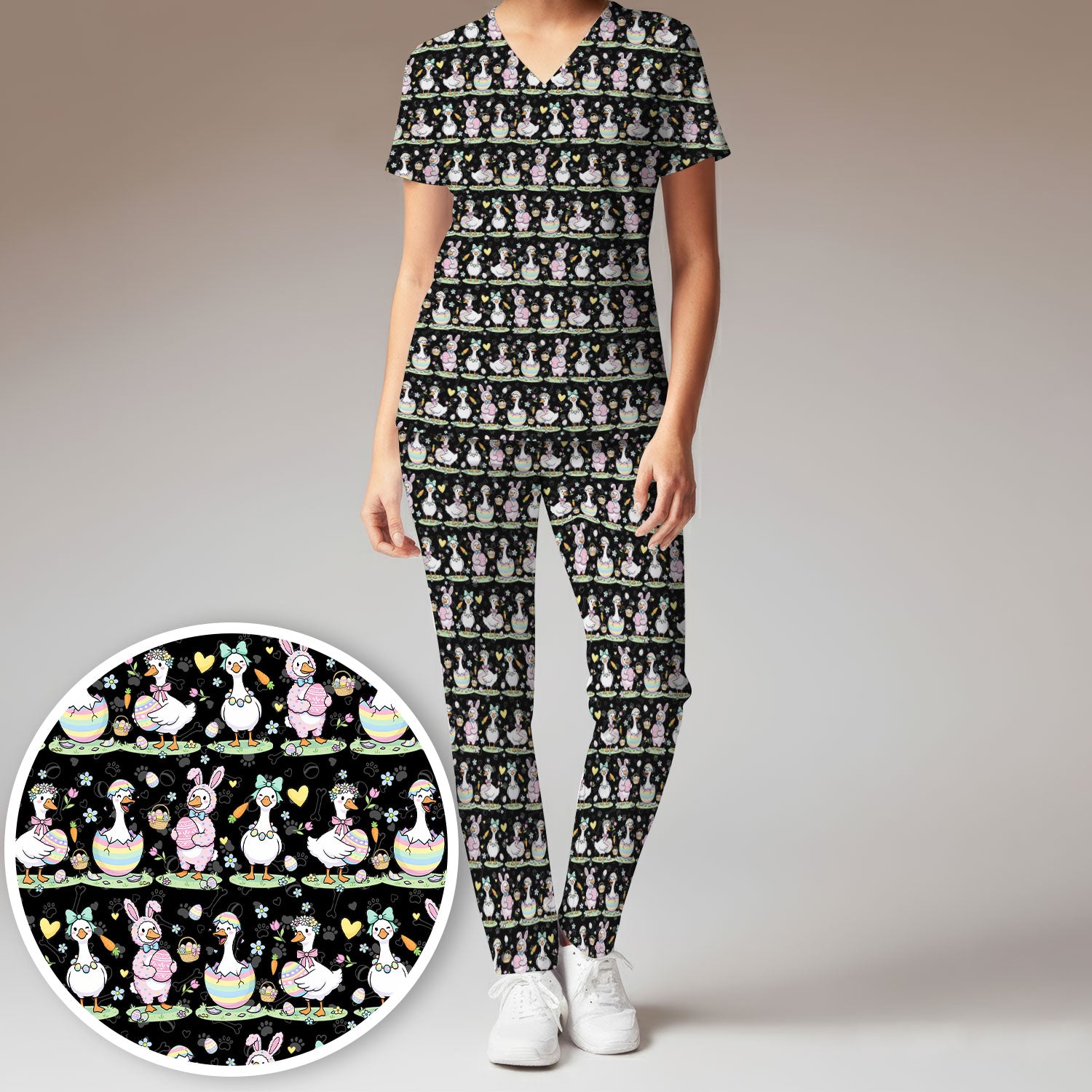 Spring Easter Goose and Bunny Print Scrub Set, Breathable Med Uniform