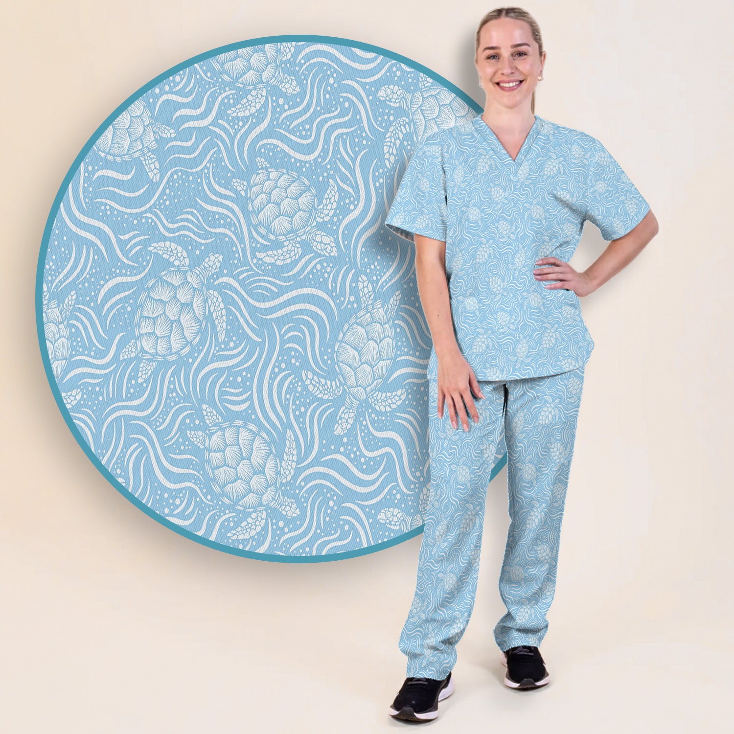 Cute Ocean Sea Turtle Waves Pattern Scrub Set, Scrub Pants and V Neck Top