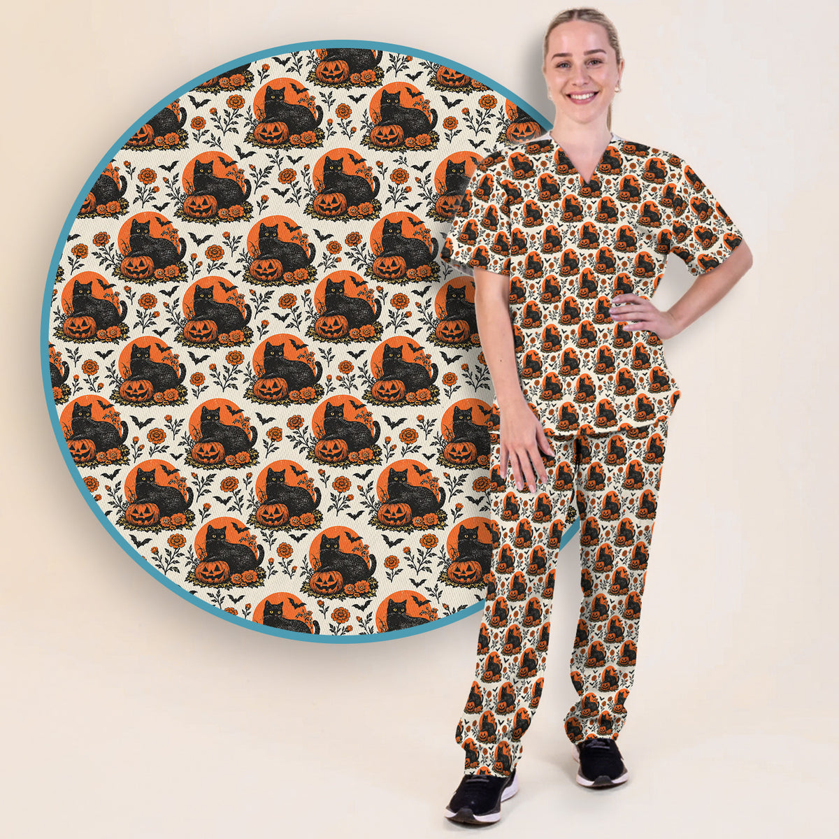 Buntes Kasack-Set mit Neon-Katzenköpfen, Schlupfhose und V-Ausschnitt-Oberteil