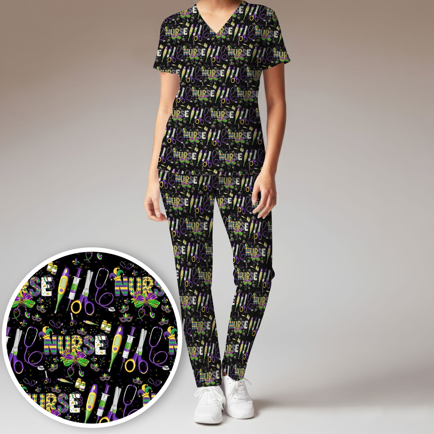 Mardi Gras Nurse Scrub Set, Holiday Medical Pattern Nurse Shirt, Breathable Fabrics Nursing Uniform