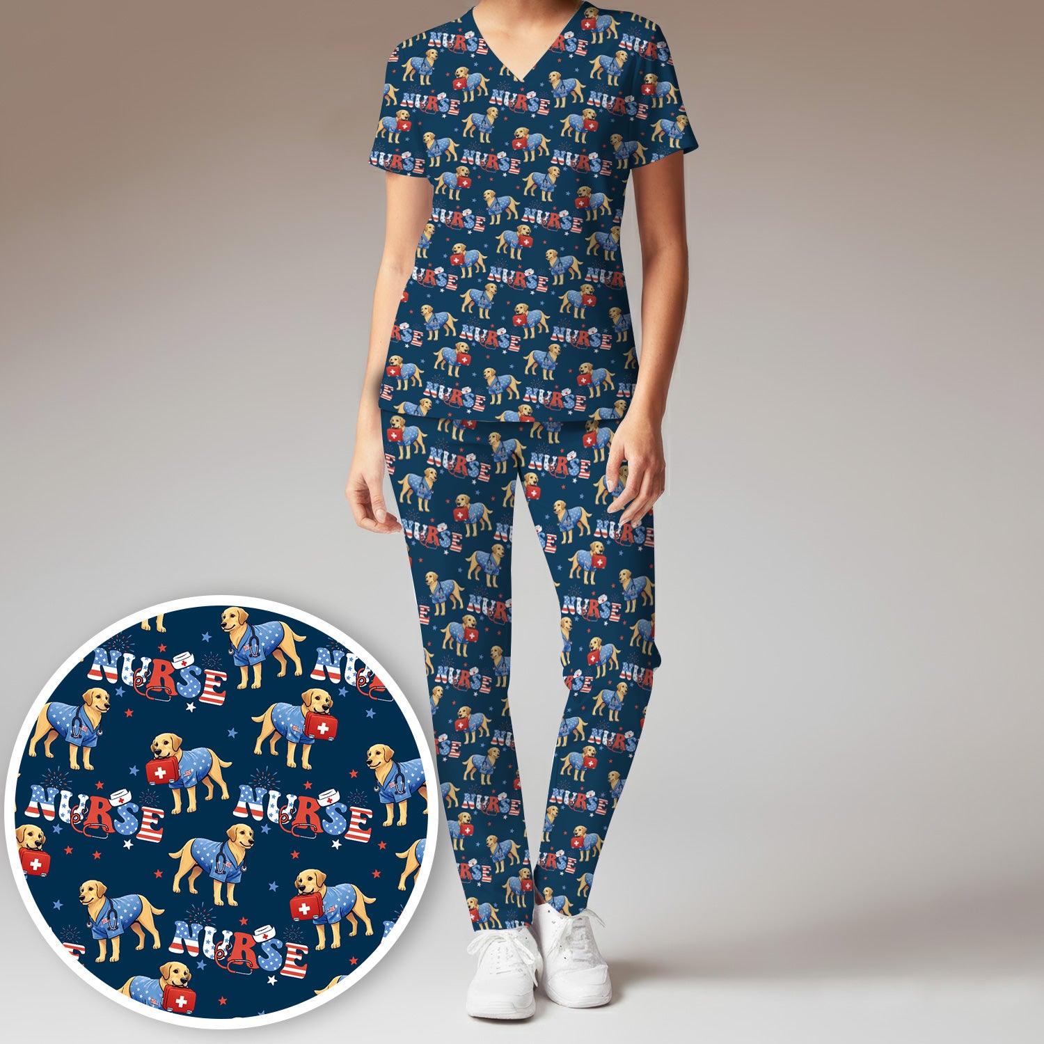 Patriotic Nurse Dog Medical Pattern Pattern Scrub Set, Women's Scrub Sets