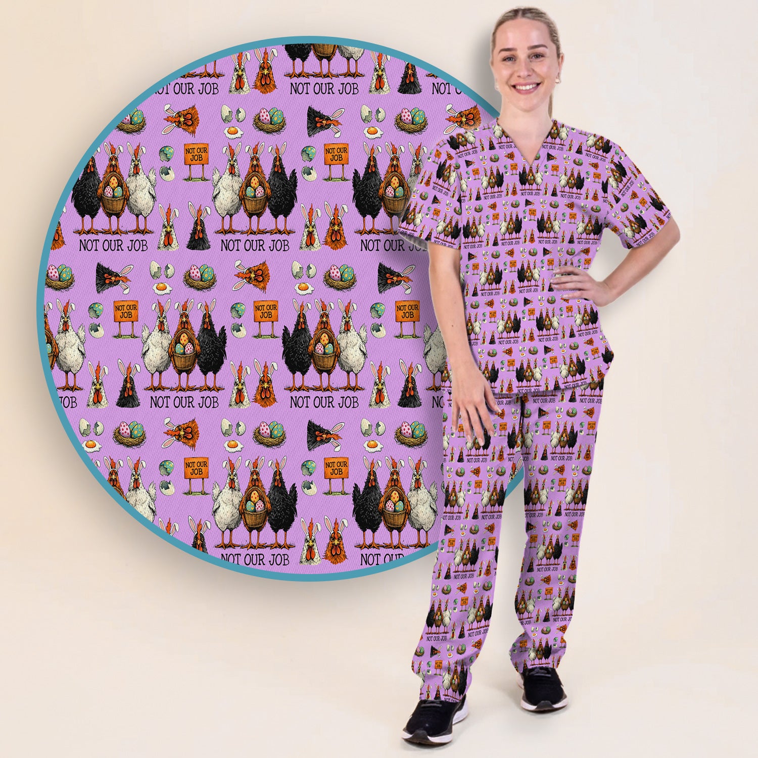 Funny Easter Chicken Humor Pattern Scrub Set, Scrub Pants and V Neck Top