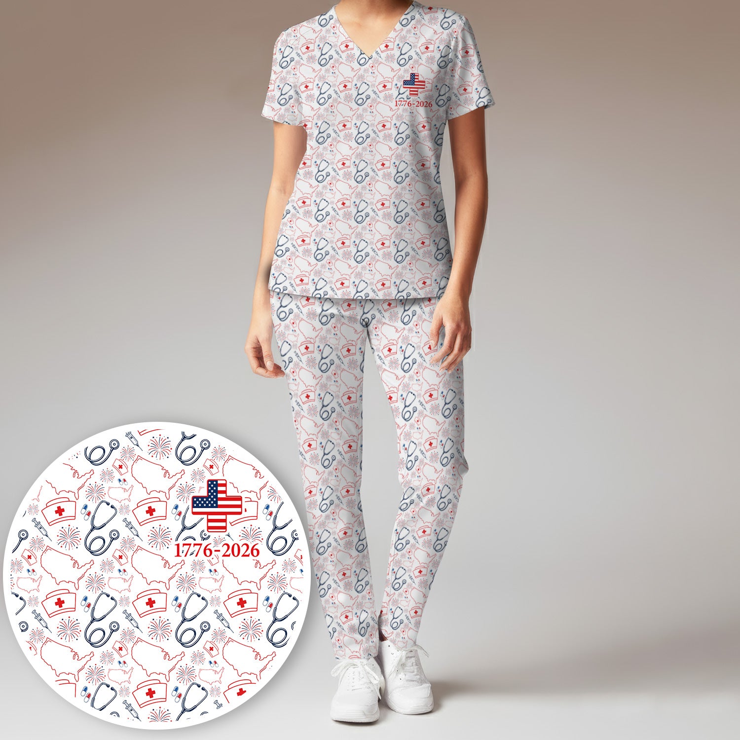 Patriotic Nurse Stethoscope Flag Pattern Scrub Set, Scrub Pants and V Neck Top