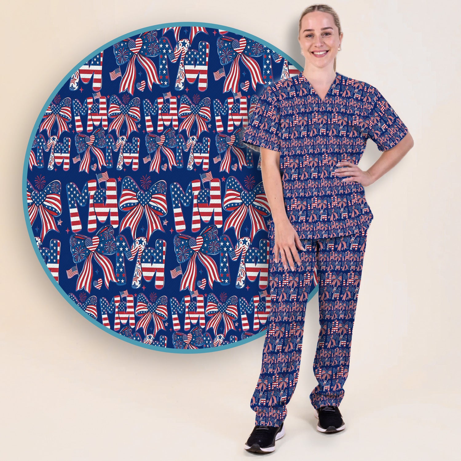 American Flag MaMa Bow Pattern Scrub Set, Breathable Med Uniform