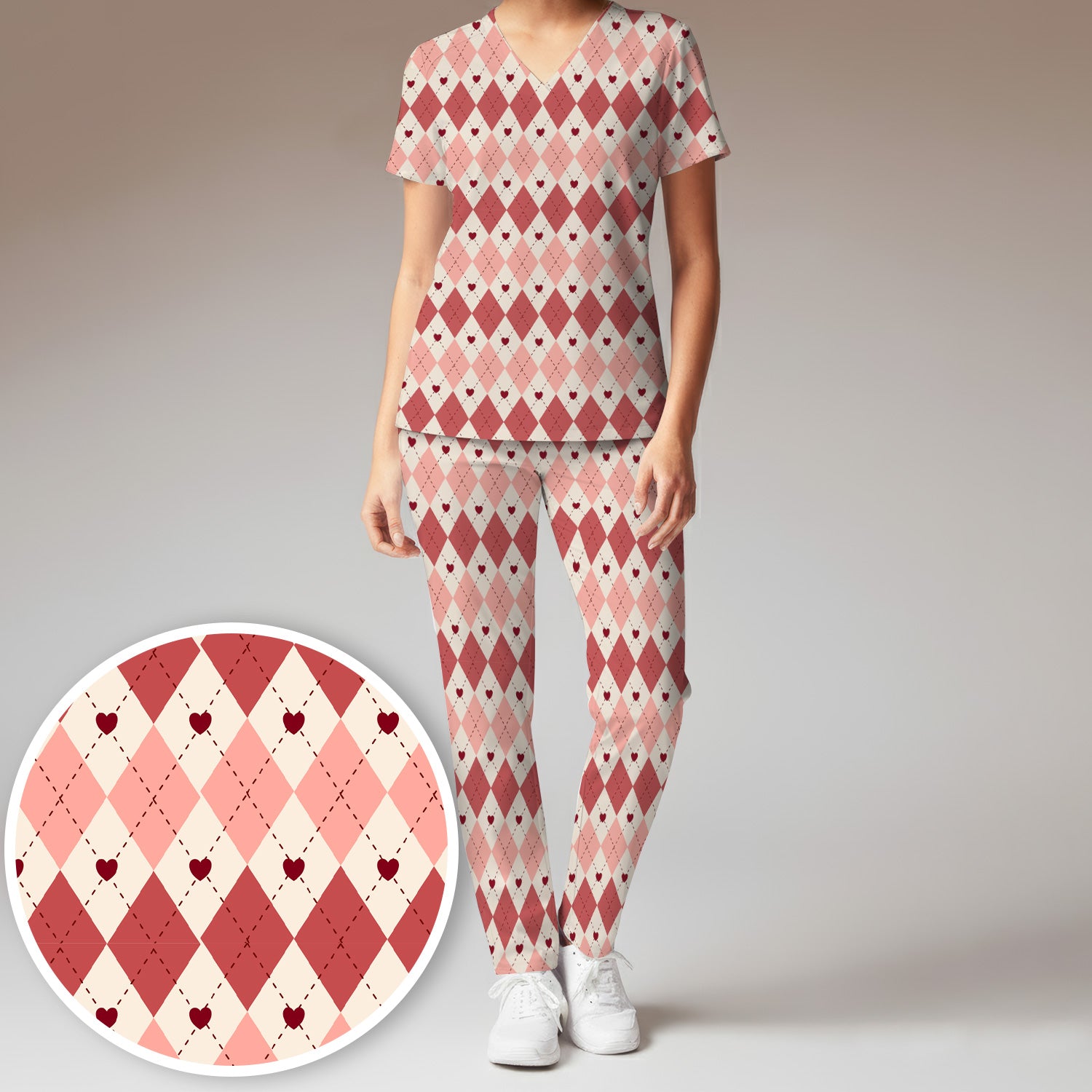 Red Argyle Plaid Pattern Scrubs Sets, Scrub Pants and V Neck Top