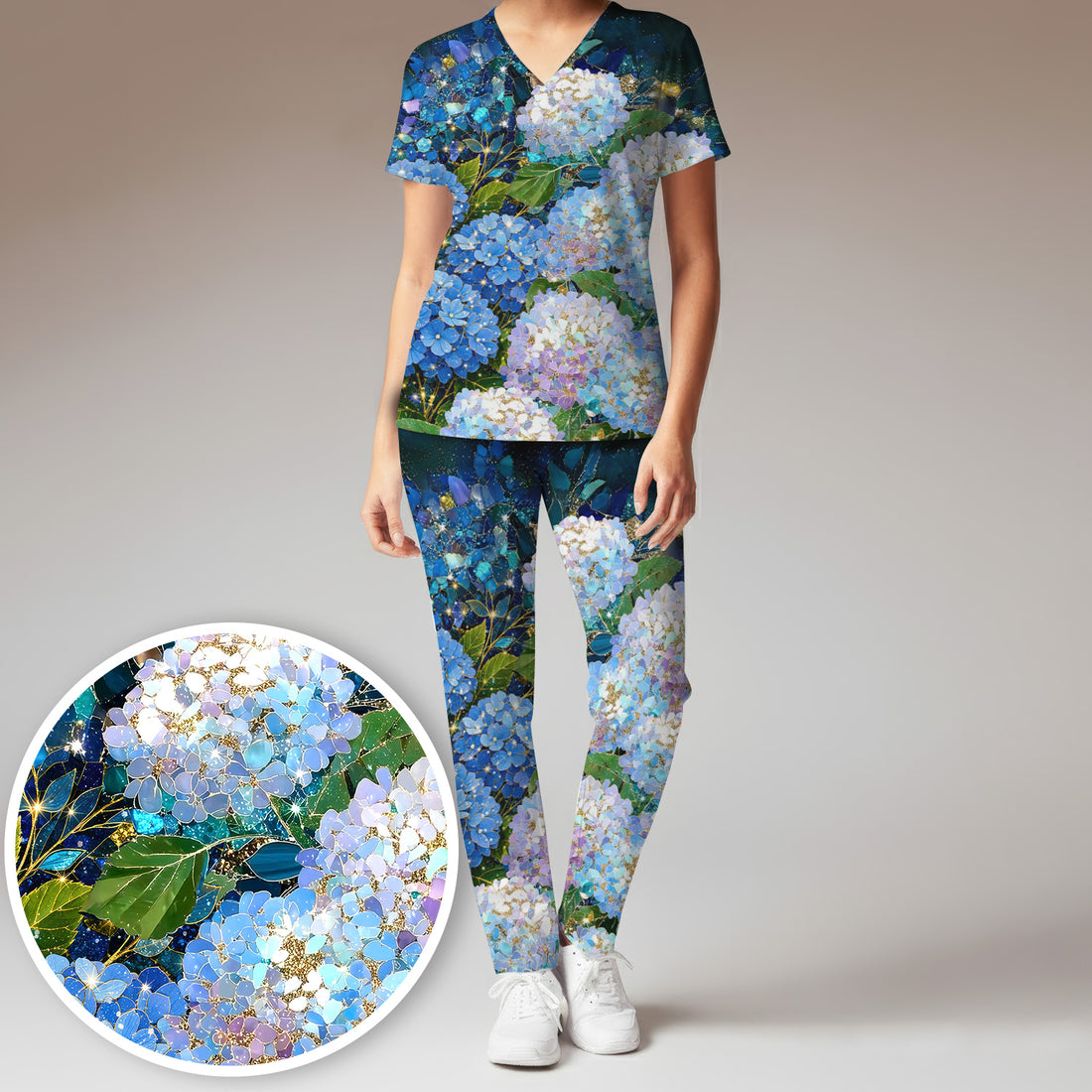 Blue Hydrangea Floral Pattern Scrub Set, Scrub Pants and V Neck Top