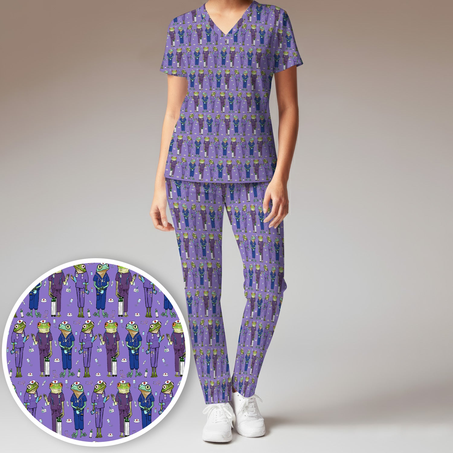 Frog Nurse Pattern V Neck Medical Scrub Set for Healthcare Workers