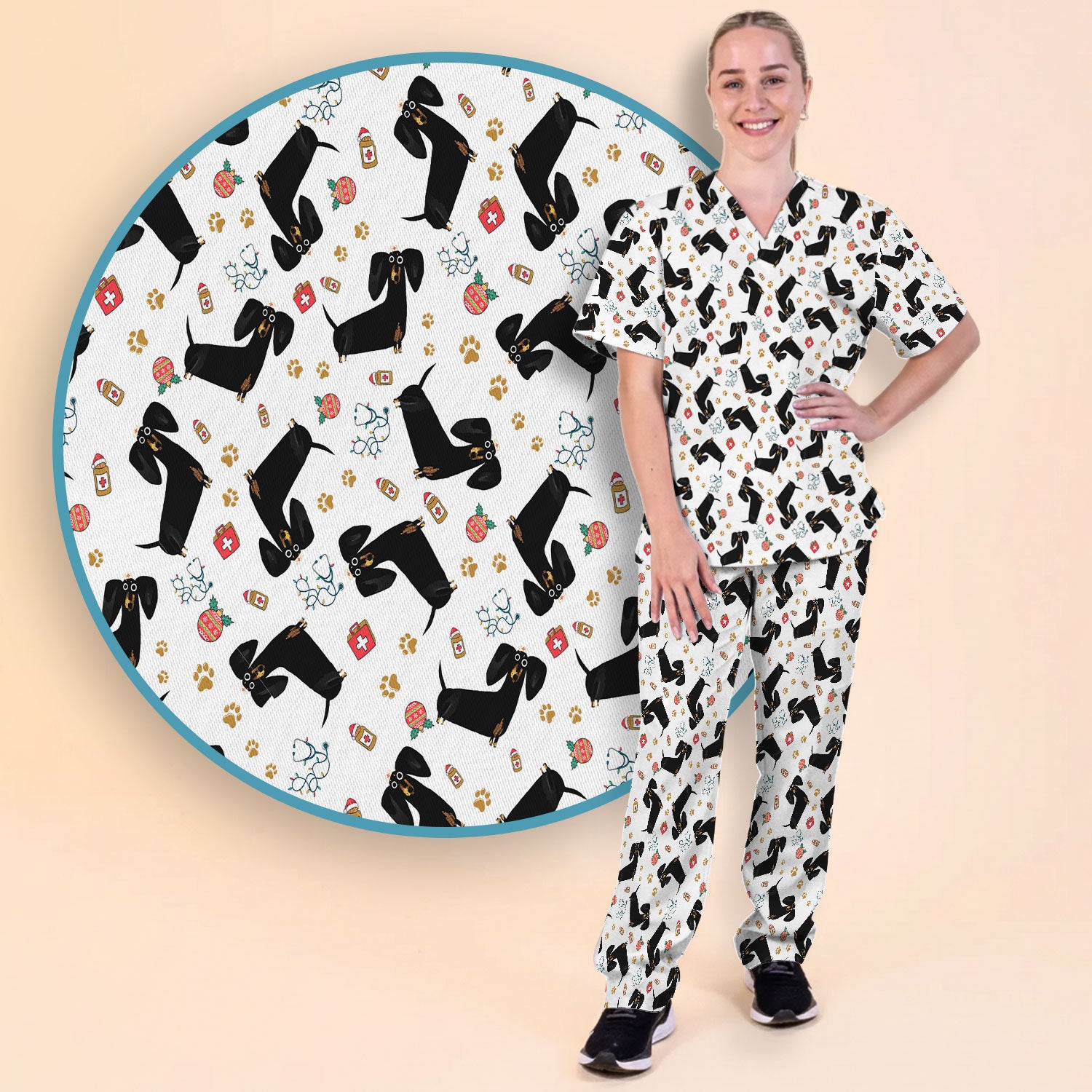 Funny Wiener Dog Scrub Sets for Nurses - Cute Black Dachshund Pants and V Neck Top - Dog Lover Nursing Uniform Gift for Women