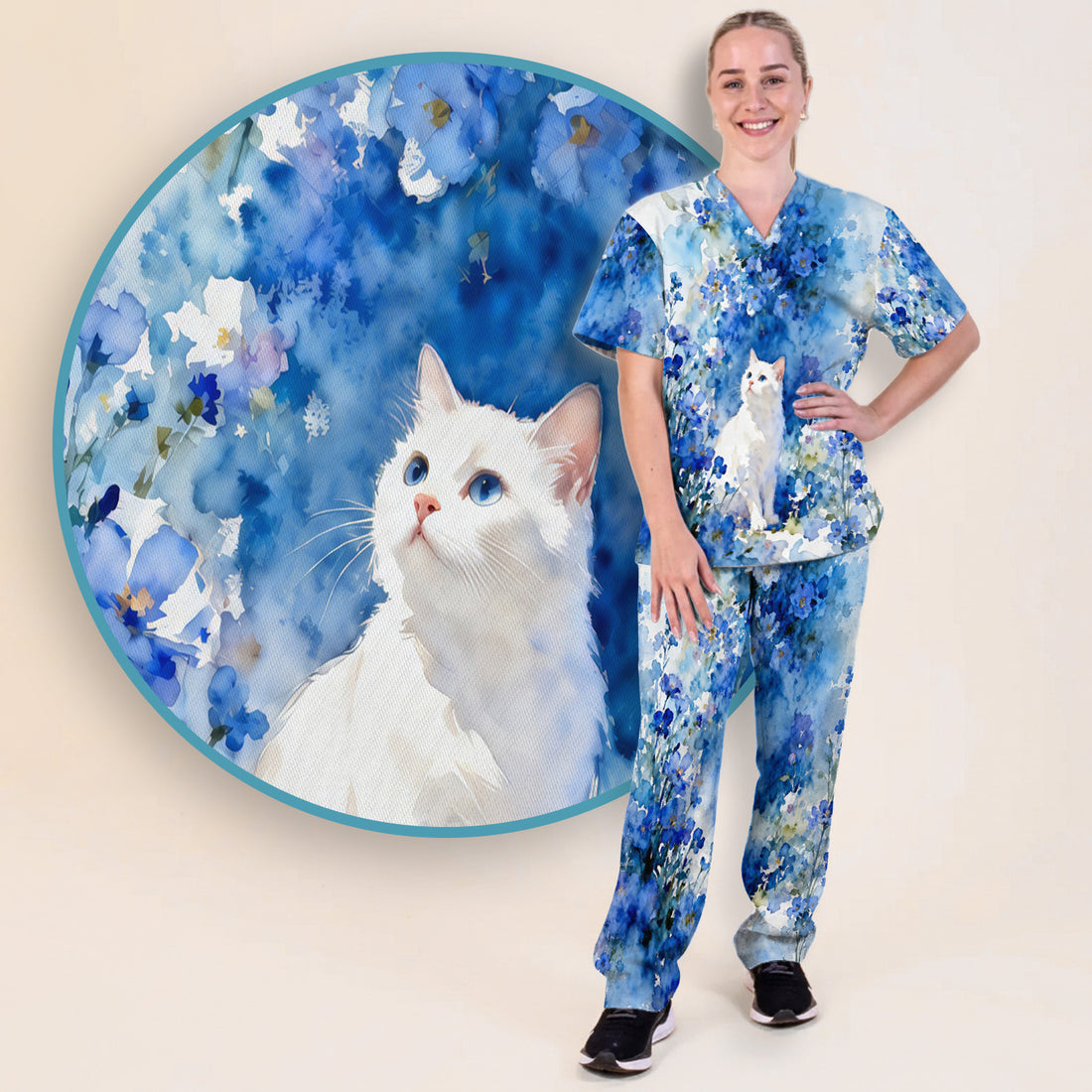 Adorable Blue Floral White Cat Pattern Scrub Set, Scrub Pants and V Neck Top
