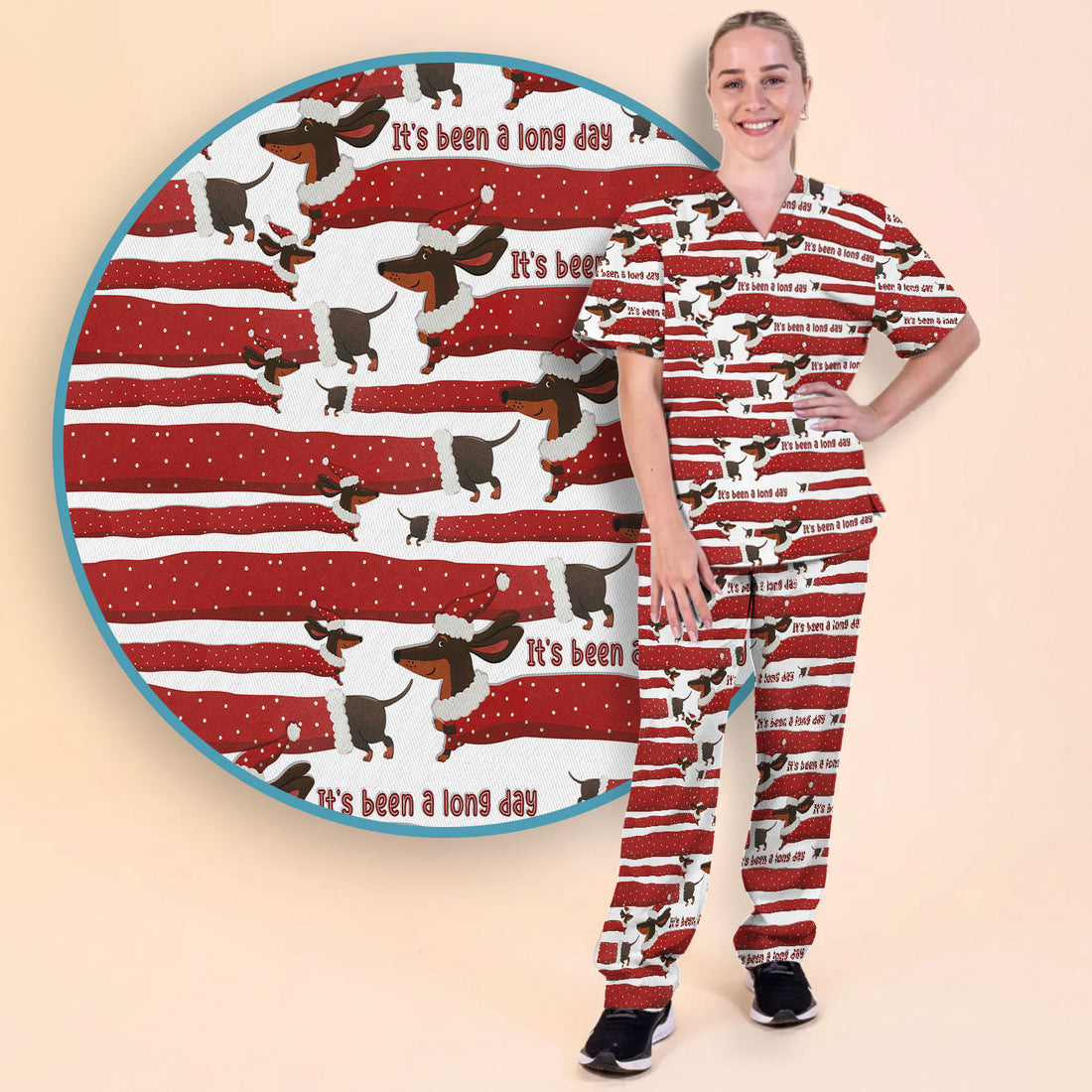 Funny Dachshund Christmas Scrub Set - It's Been a Long Day - Cute Wiener Dog Scrubs Pants and V Neck Top - Medical Uniform for Women