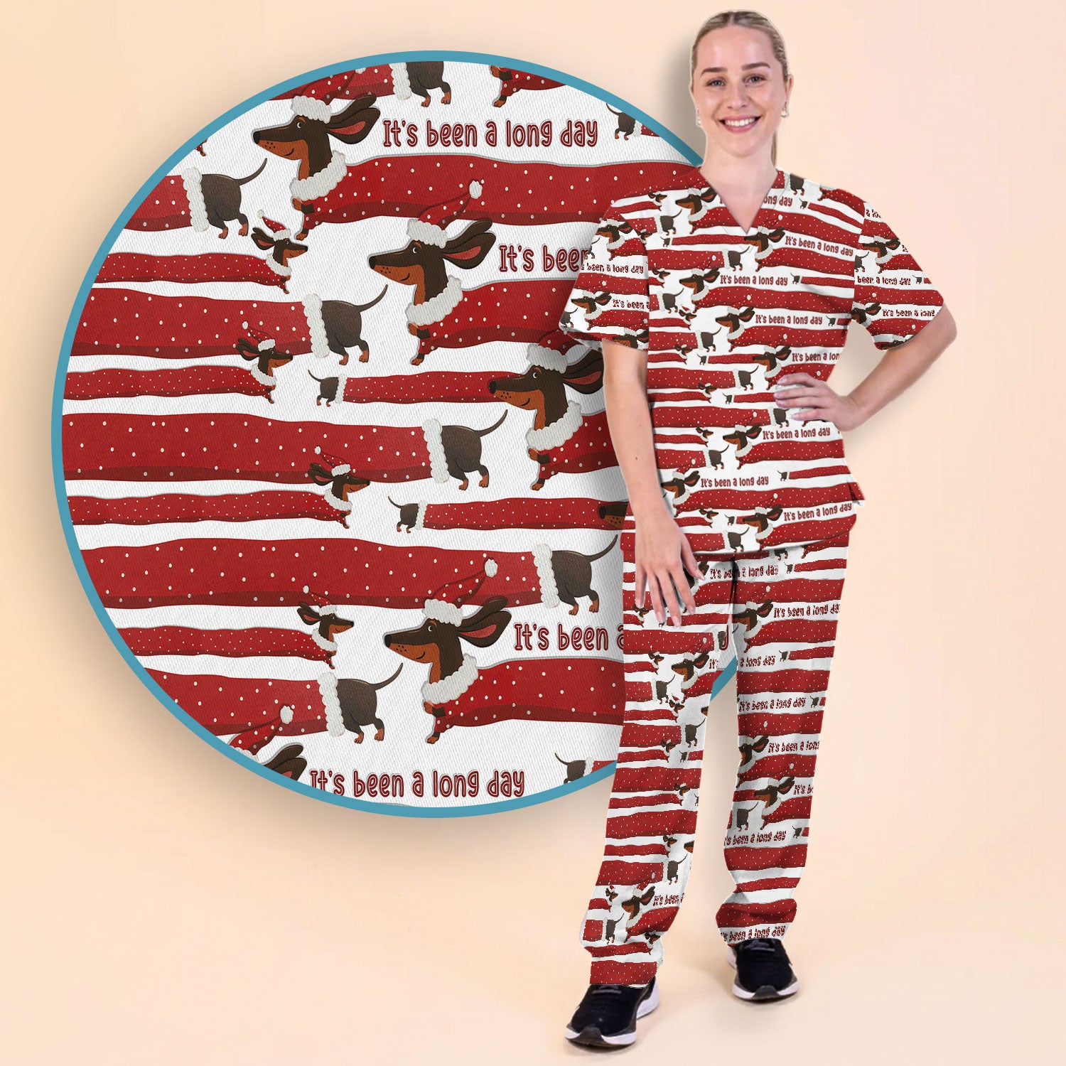 Funny Dachshund Christmas Scrub Set - It's Been a Long Day - Cute Wiener Dog Scrubs Pants and V Neck Top - Medical Uniform for Women