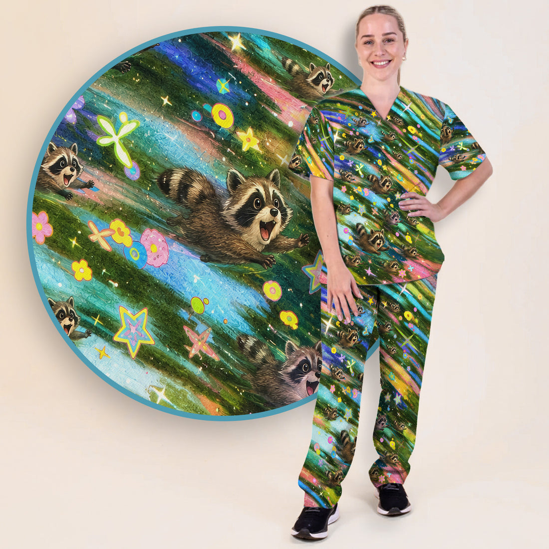 Cute Raccoon Rainbow Dash Pattern Scrub Set, Scrub Pants and V Neck Top