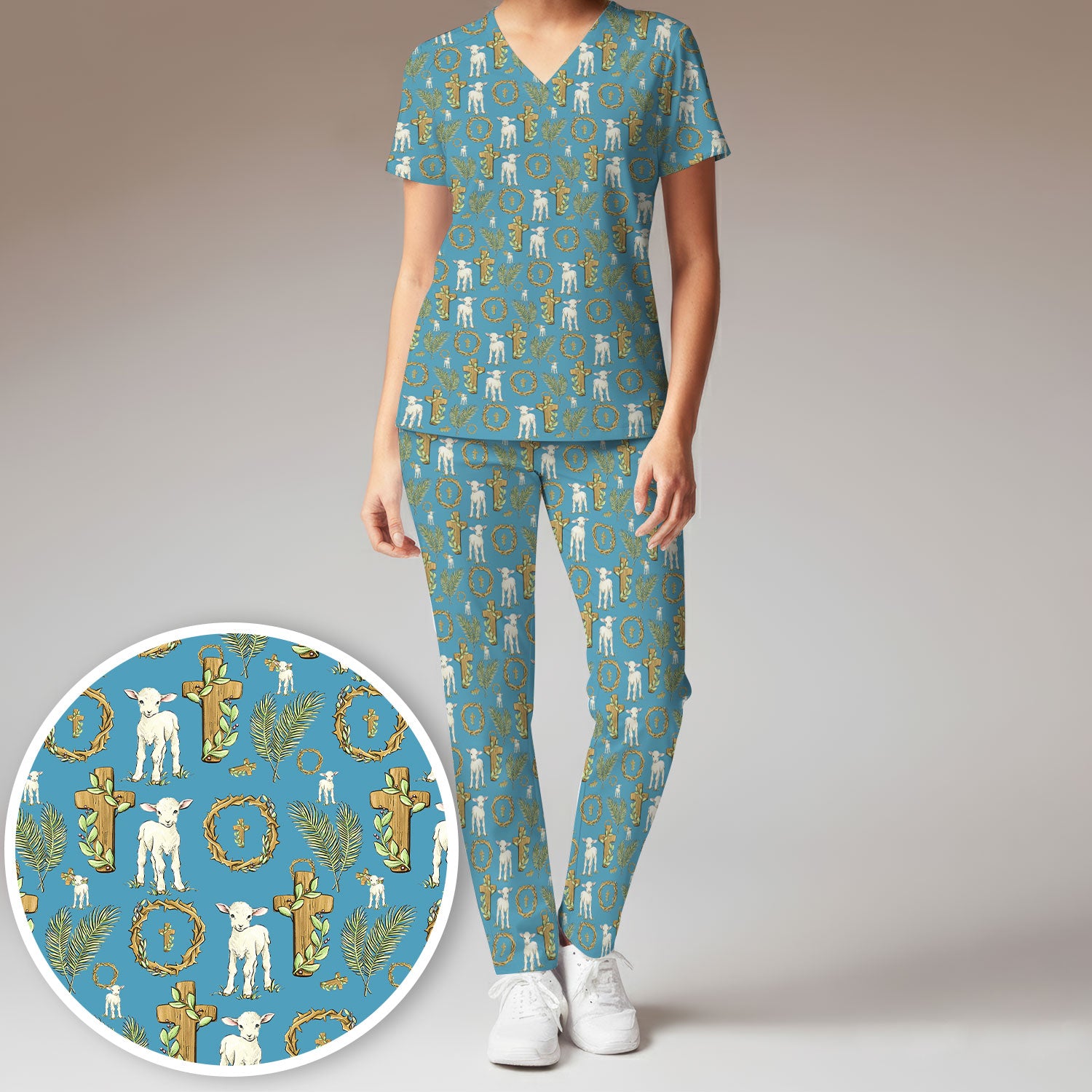 Faith Lamb Cross Pattern Women's Scrub Set, Scrub Pants and V Neck Top