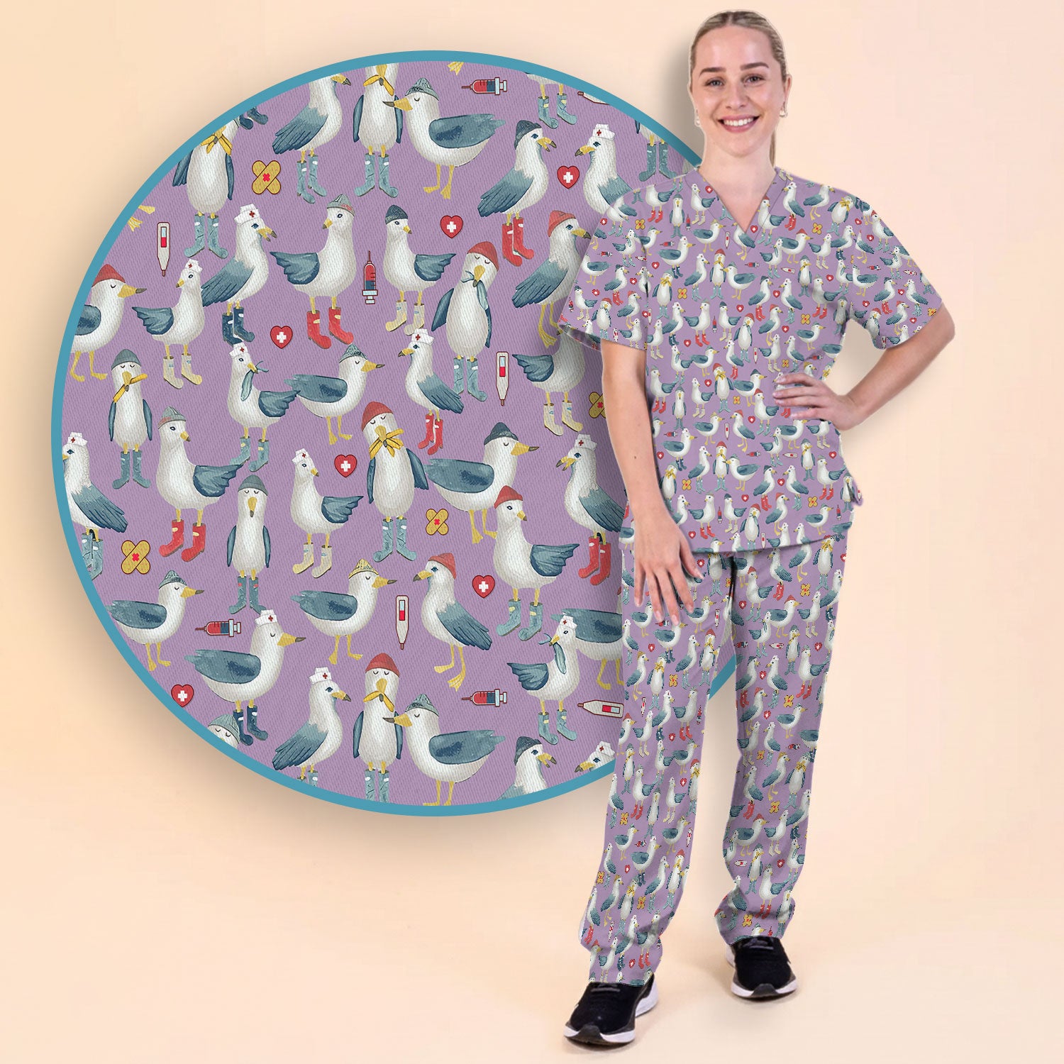 Seagull Scrub Set for Nurses - Adorable Birds Medical Uniform - Funny Scrubs Pants and V Neck Top for RN CNA LPN