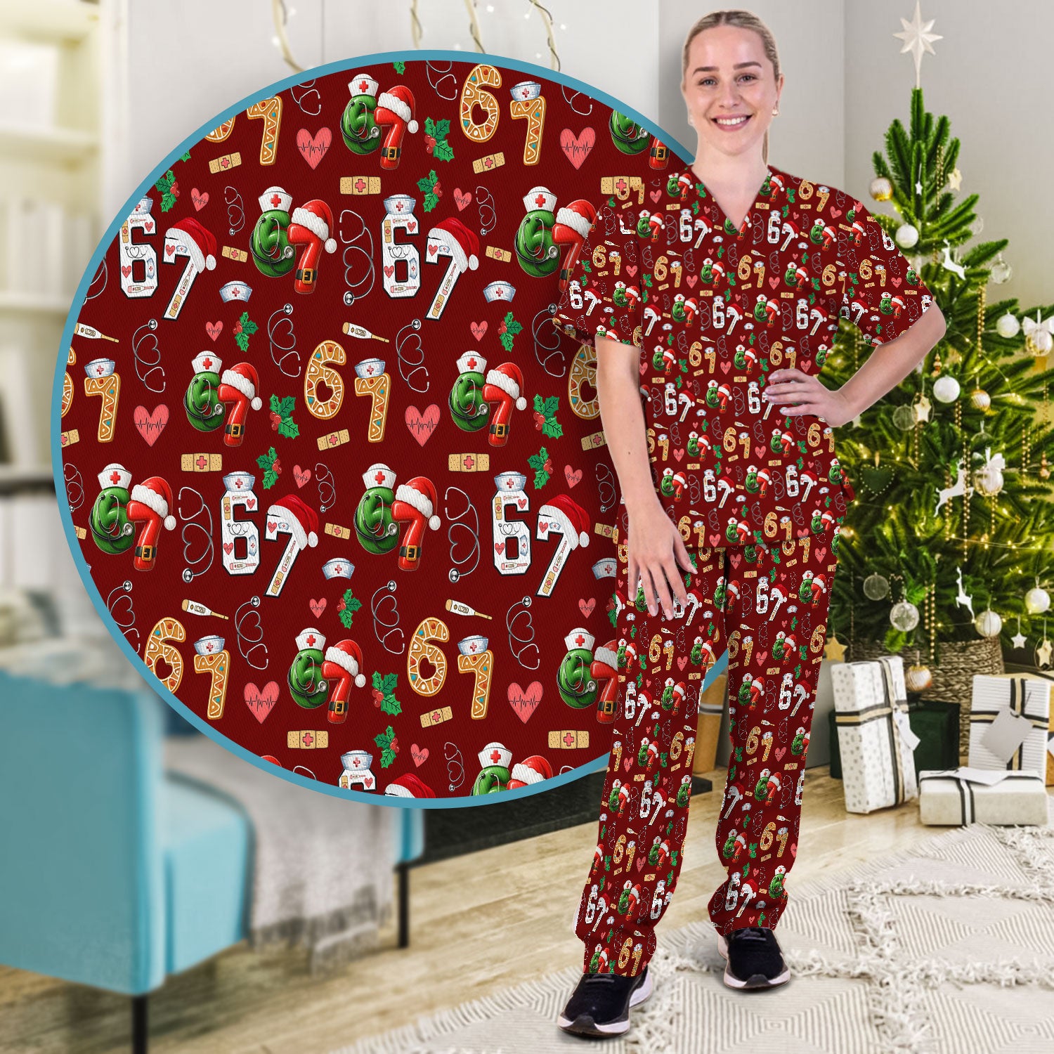 Christmas Nurse 67 Pattern Scrub Set, Cute Holiday Medical Uniform With Santa Hat, Uniform For Nursing