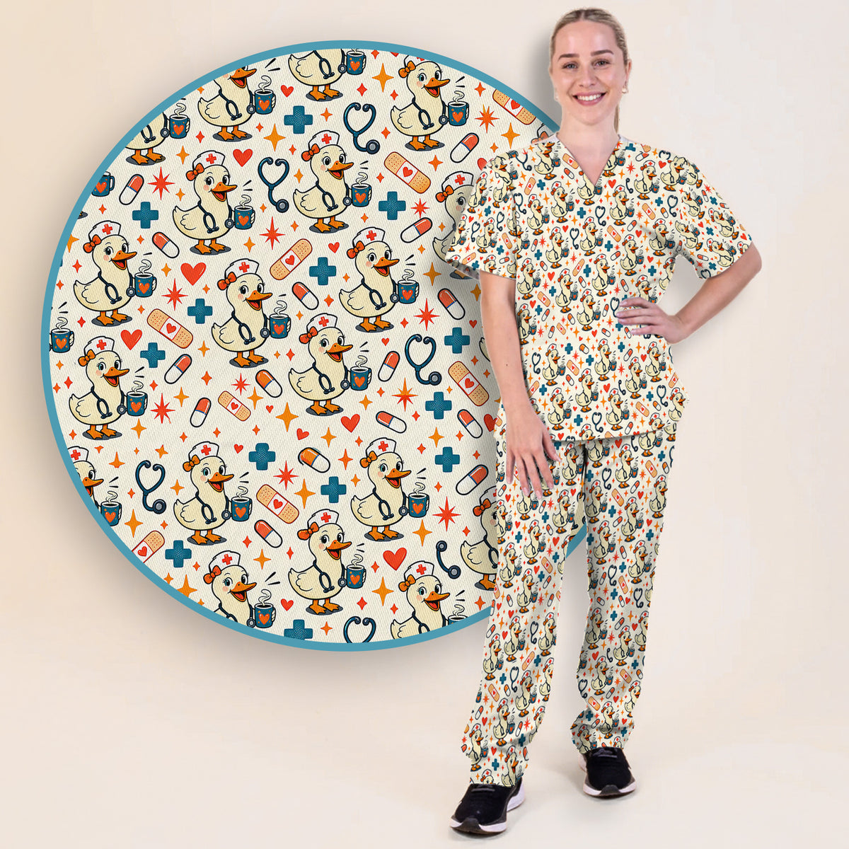 Cute Nurse Duck With Coffee Scrub Set, Scrub Pants and V Neck Top