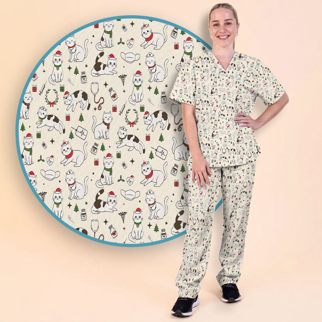 Christmas Cat Scrub Set – Festive Nurse & Holiday Kitty Pattern – Cute Medical Uniform for Nurses, Vets and Healthcare Workers