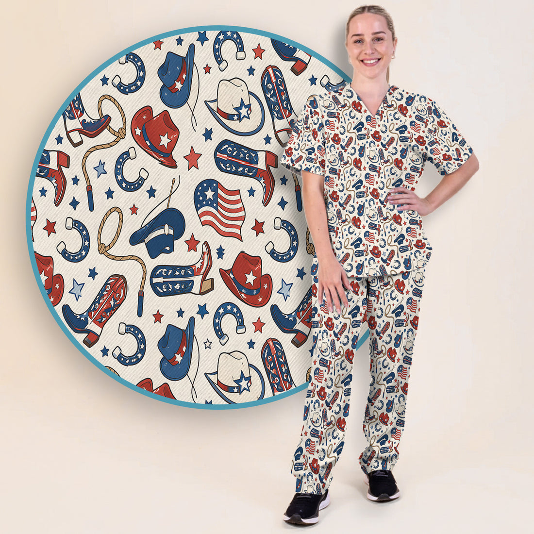 Patriotic Cowboy Boots Horseshoe Pattern Scrub Set, Scrub Pants and V Neck Top
