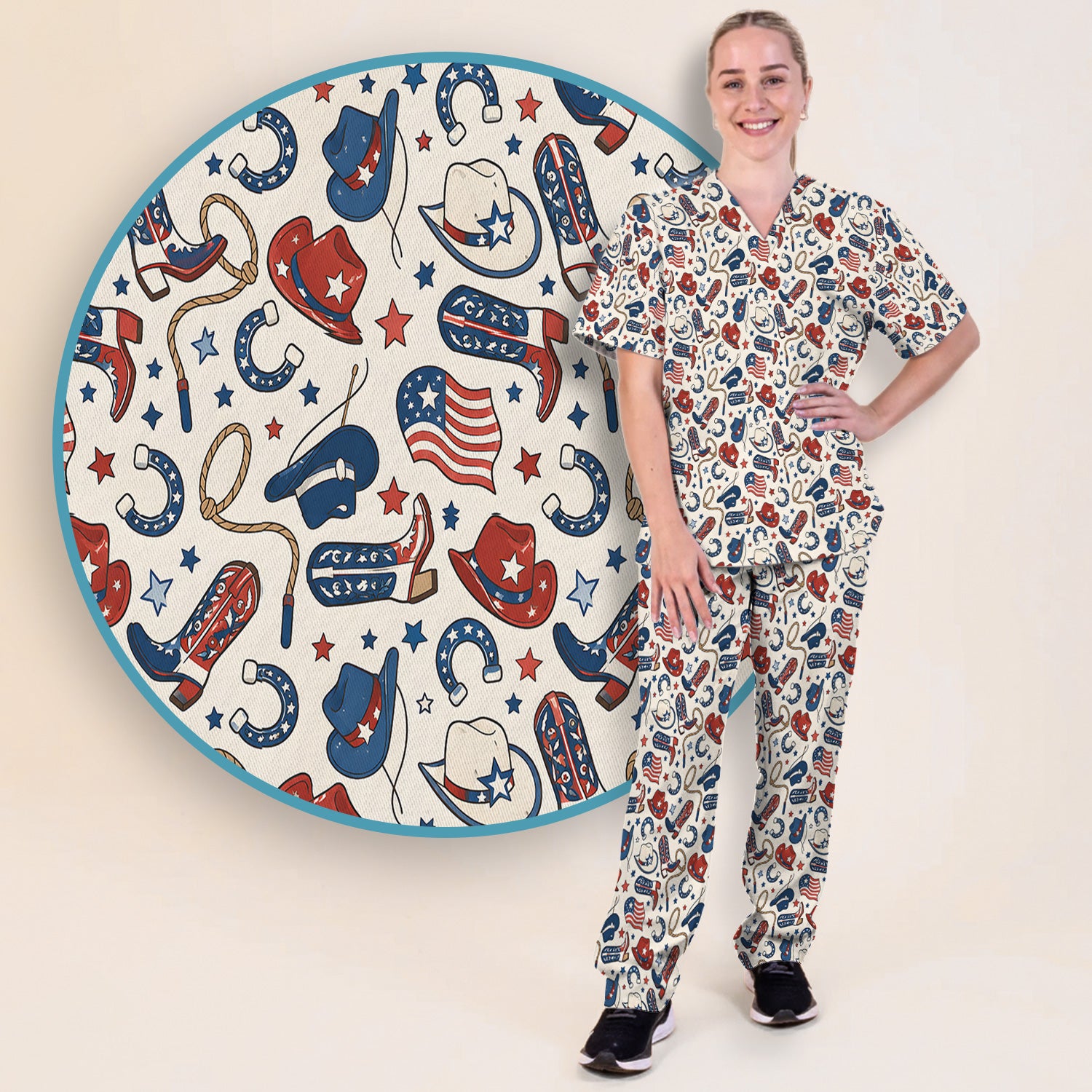 Patriotic Cowboy Boots Horseshoe Pattern Scrub Set, Scrub Pants and V Neck Top