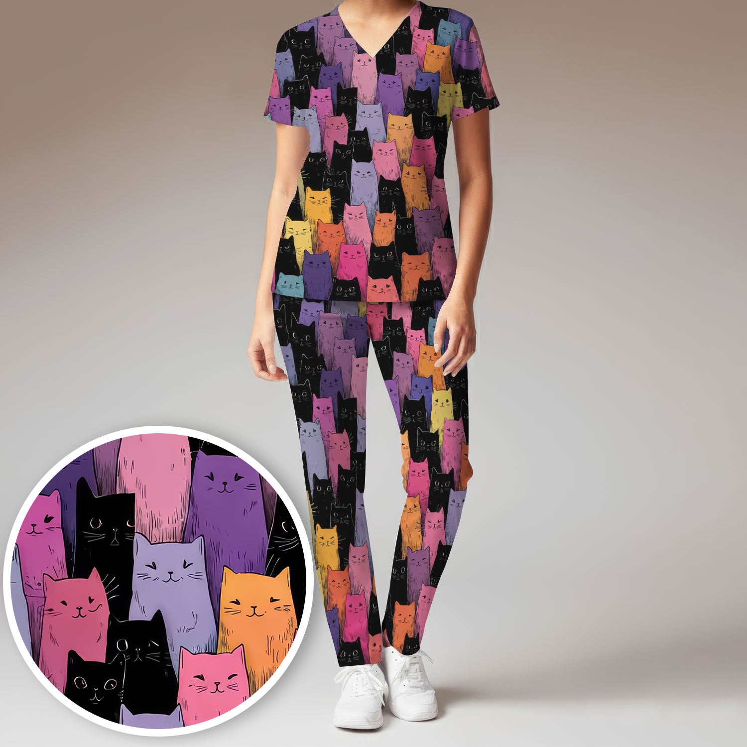 Colorful Cat Art Medical Pattern Scrub Set, Scrub Pants and V Neck Top