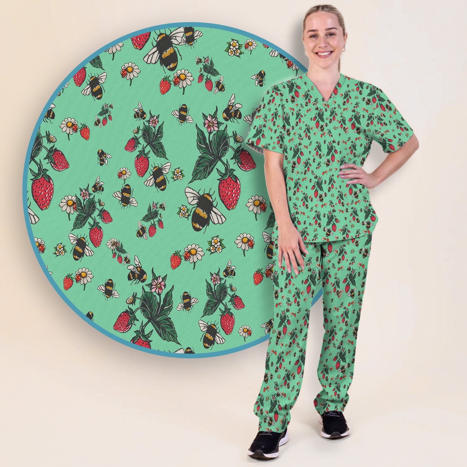 Cute Strawberry Bee Daisy Floral Pattern Scrub Set, Scrub Pants and V Neck Top
