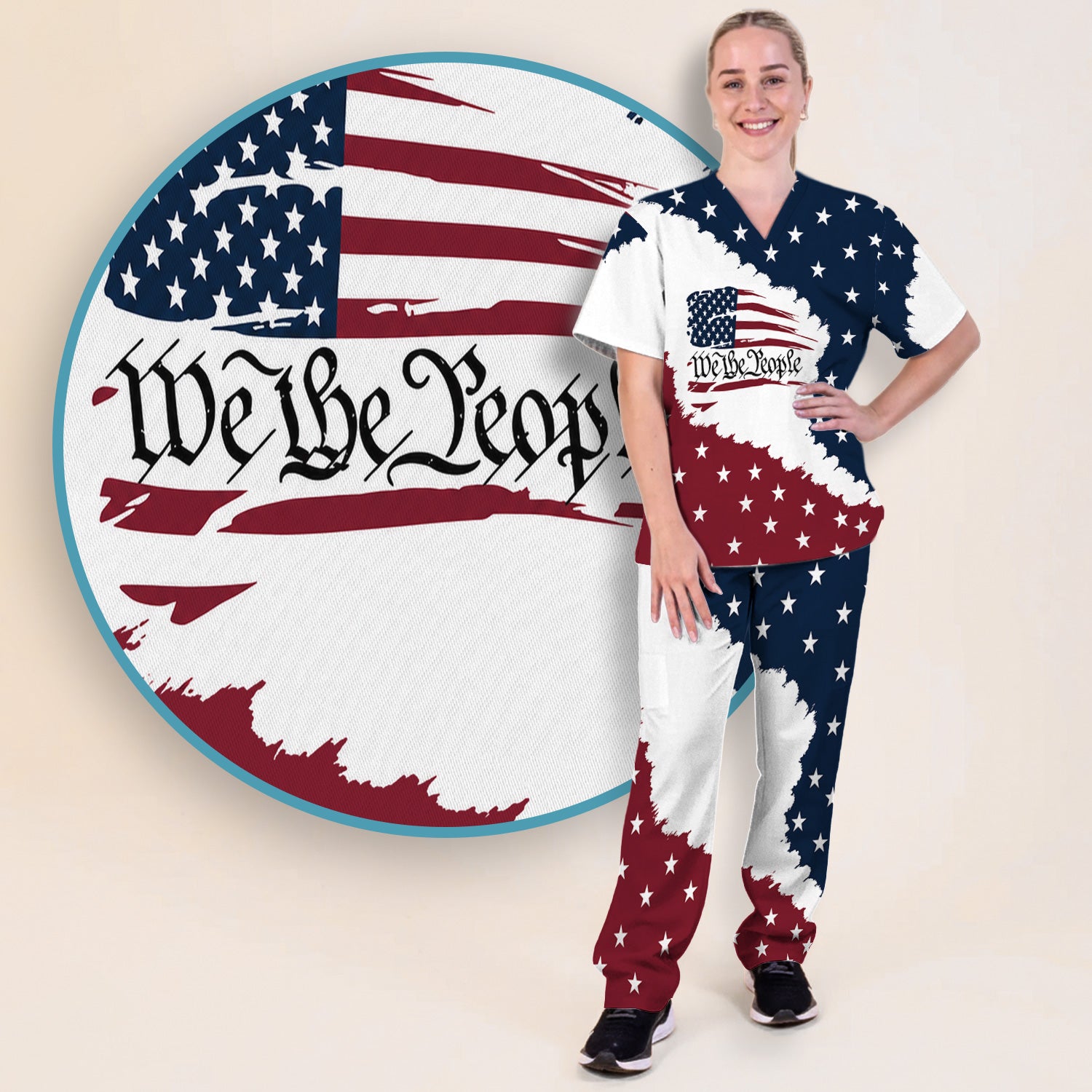 We Be People Flag Pattern Scrub Set, Scrub Pants and V Neck Top