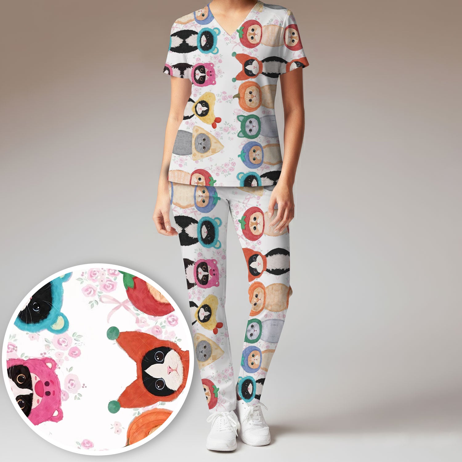 Funny Cartoon Cat Print Scrub Set, Scrub Pants and V Neck Top