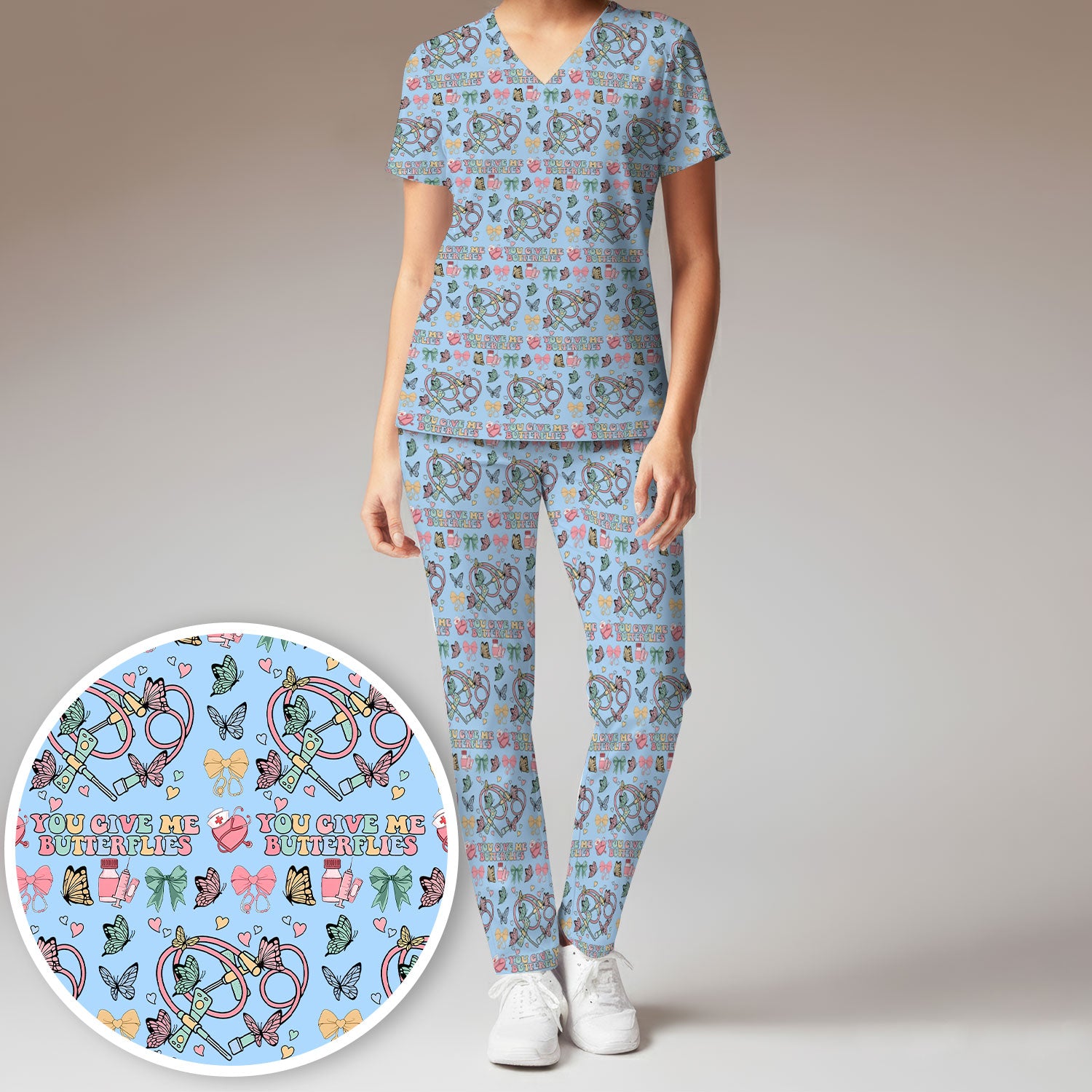 Butterfly Heart Valentine Medical Pattern Scrub, Women's Scrub Sets